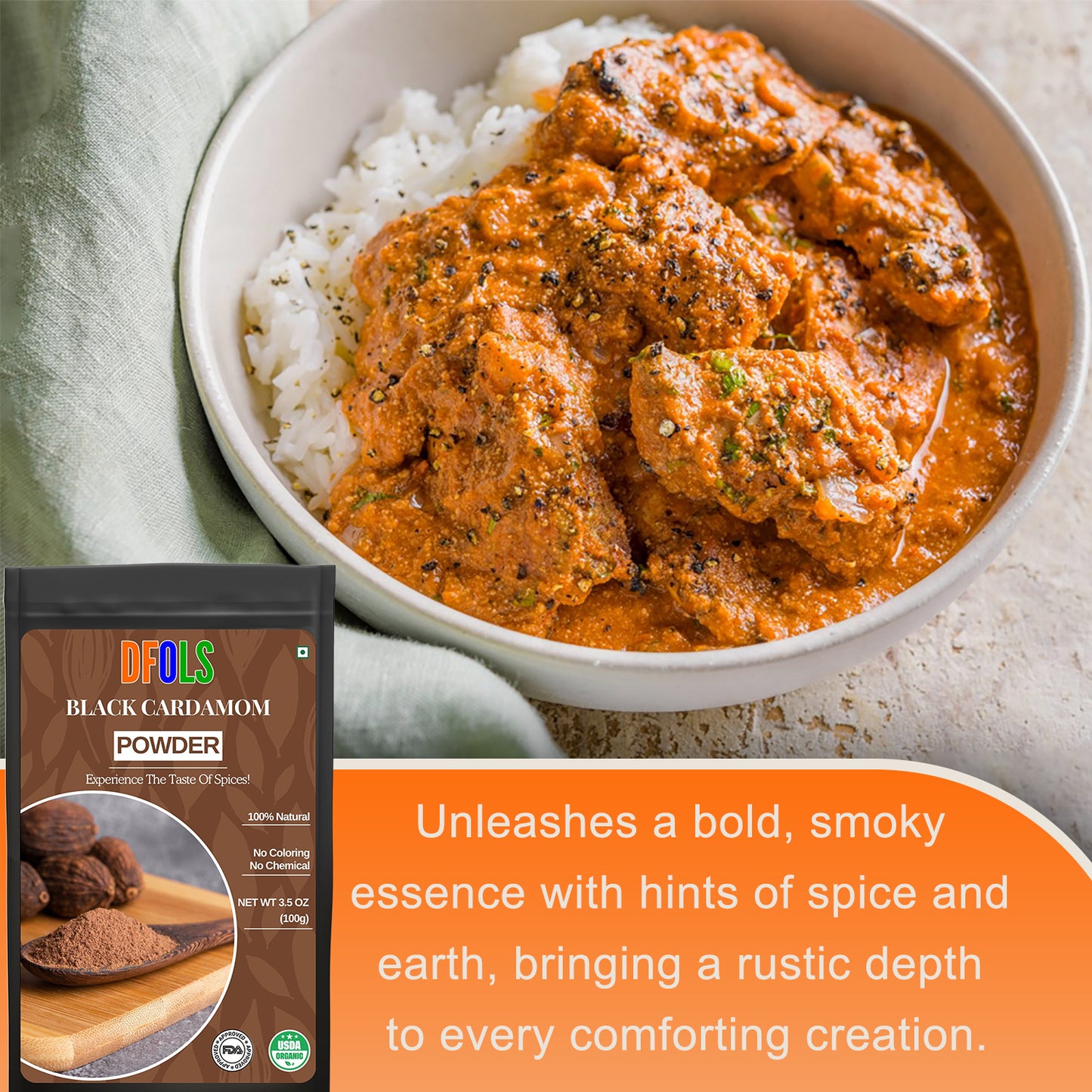 Organic Black Cardamom Powder – 100% Pure & Natural Whole Spice | Premium Aromatic Spice for Cooking, Baking, Marinades, Curries & Seasoning - DFOLS