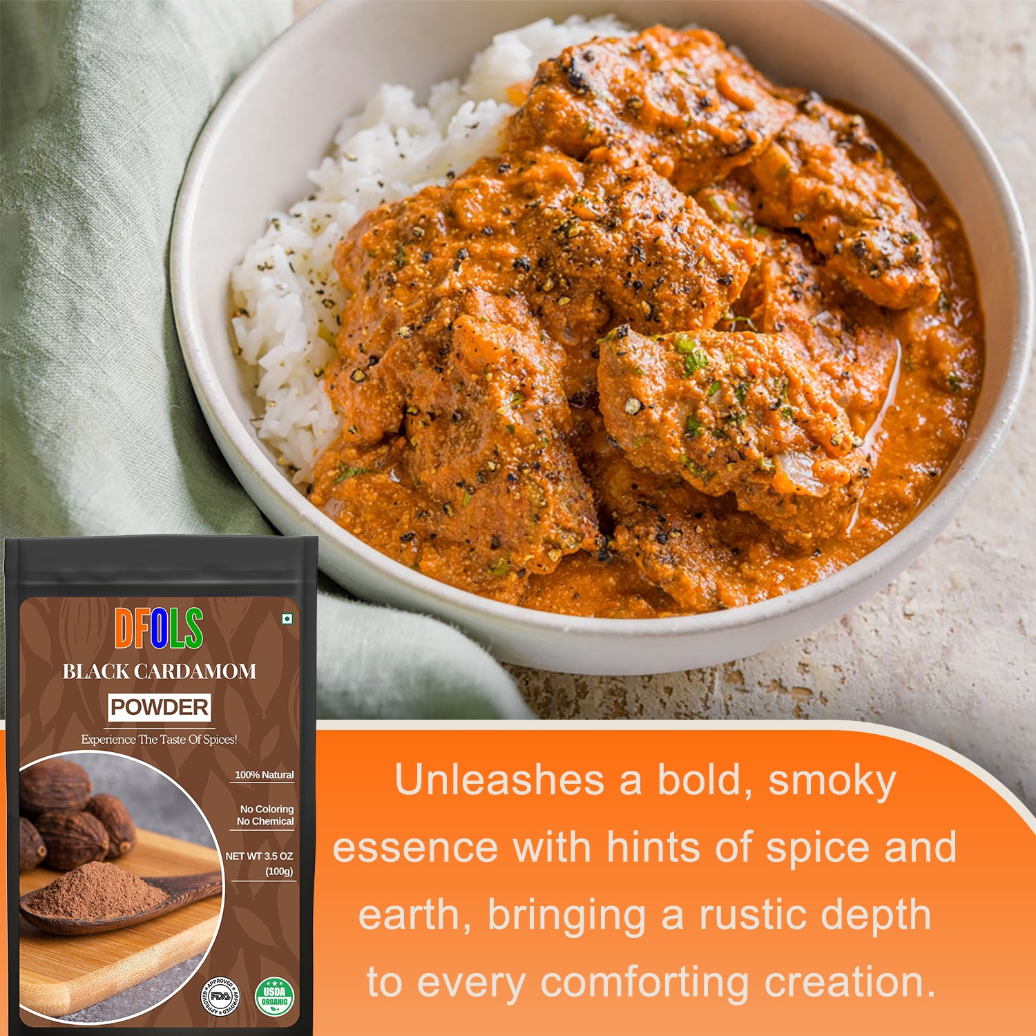 Organic Black Cardamom Powder – 100% Pure & Natural Whole Spice | Premium Aromatic Spice for Cooking, Baking, Marinades, Curries & Seasoning - DFOLS