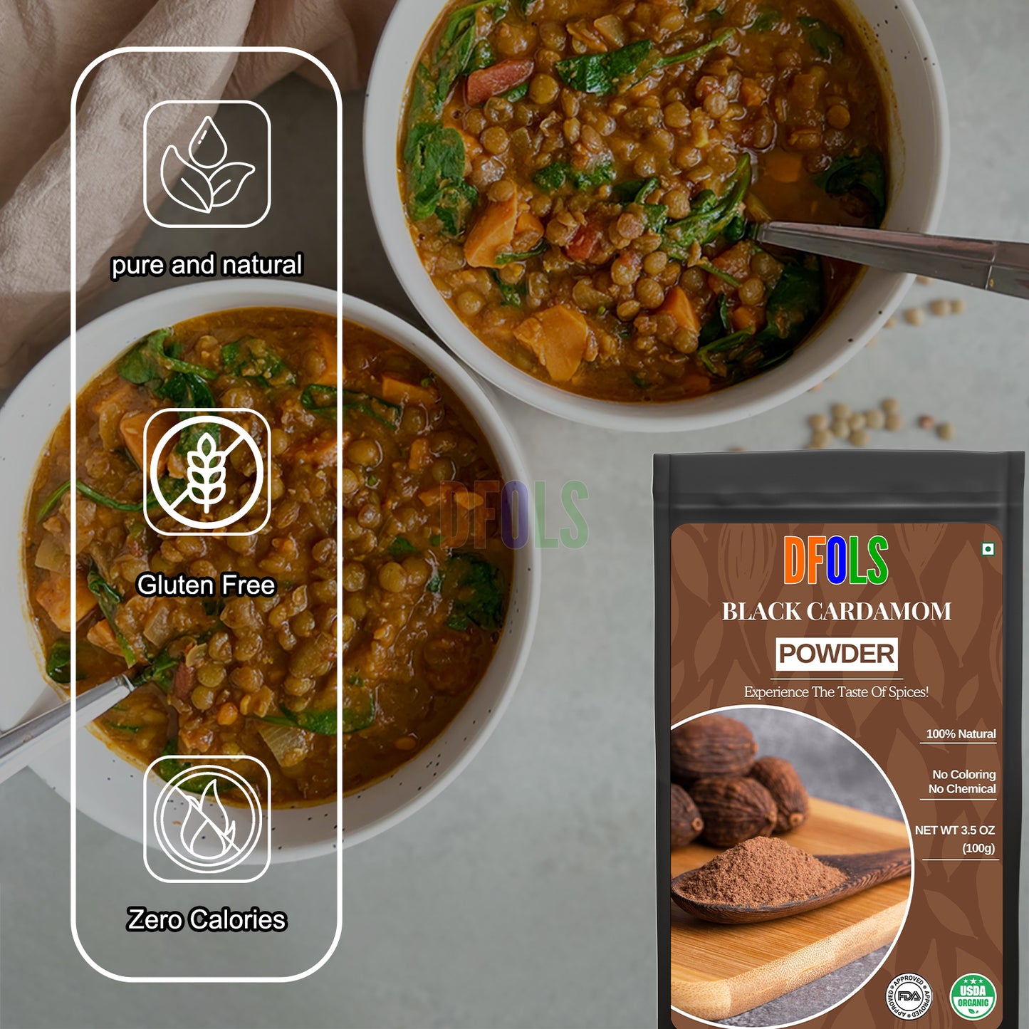 Organic Black Cardamom Powder – 100% Pure & Natural Whole Spice | Premium Aromatic Spice for Cooking, Baking, Marinades, Curries & Seasoning - DFOLS