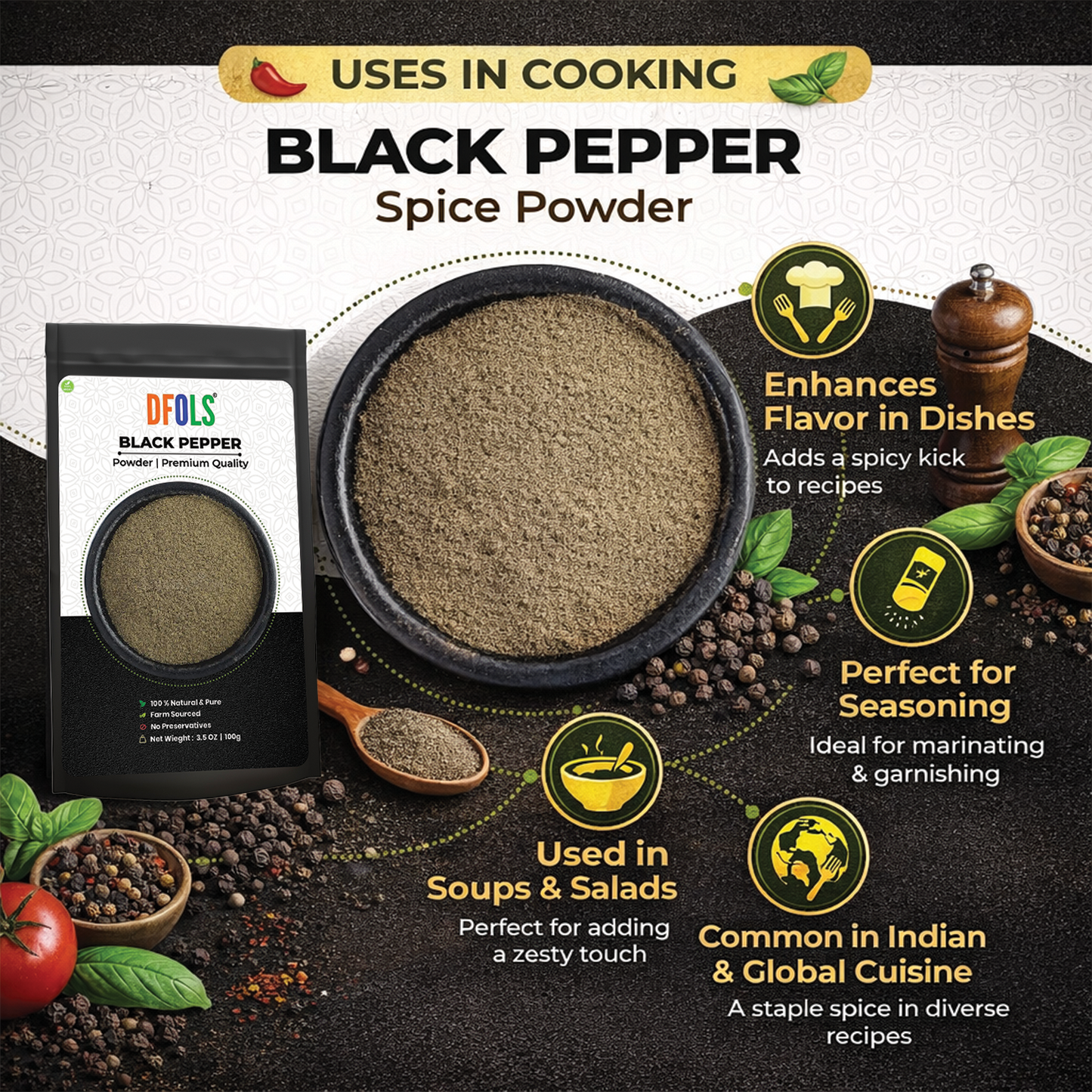 Dfols Black Pepper Powder 100g (3.5oz / 0.22lb) Pure Natural Indian Spice – ブラックペッパー