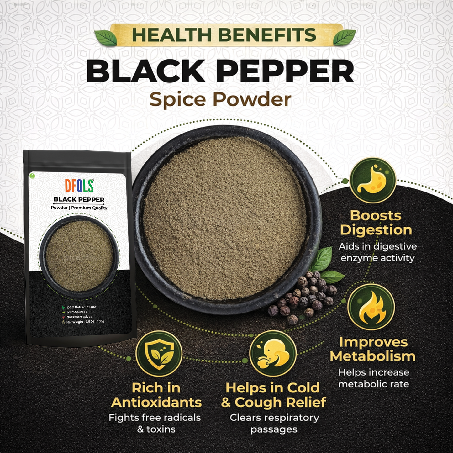 Dfols Black Pepper Powder 100g (3.5oz / 0.22lb) Pure Natural Indian Spice – ブラックペッパー