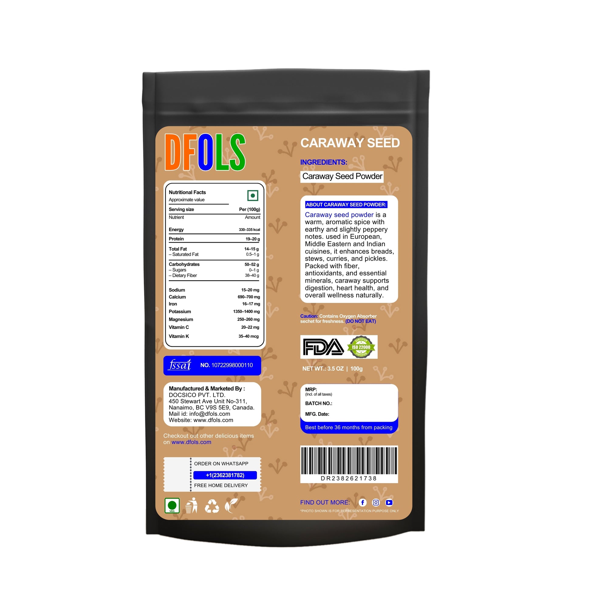 Caraway Seeds - 100% organic ,Ground  ingredient in harissa, great for rye bread, pickles, sauces and spice blends. - DFOLS