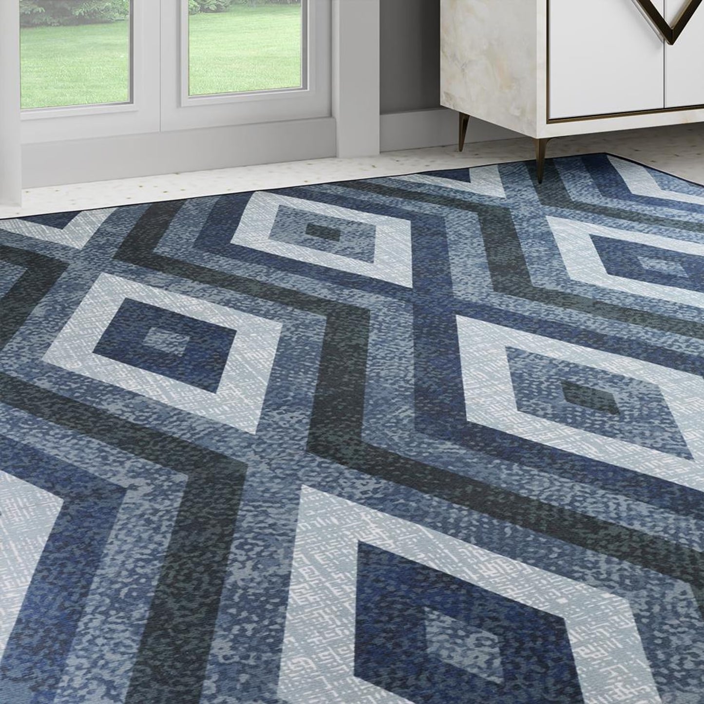 DFOLS Megan Diamond Pattern Printed Area Rug – Modern Blue Anti-Skid Carpet