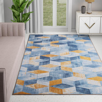 DFOLS Geometric 3D Printed Area Rug – Modern Blue & Yellow Anti-Skid Carpet