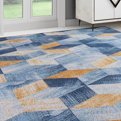 DFOLS Geometric 3D Printed Area Rug – Modern Blue & Yellow Anti-Skid Carpet