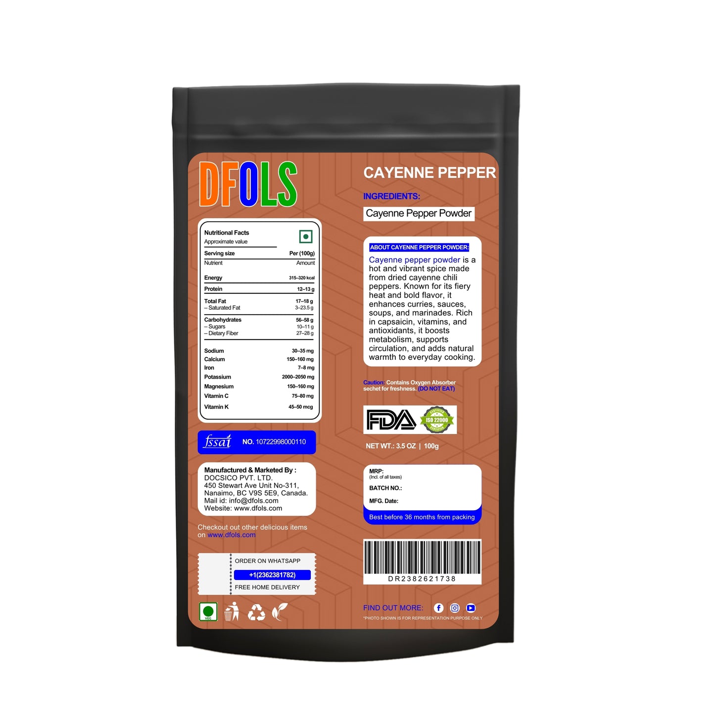 Organic Cayenne Pepper – 100% Pure, Non-GMO, Premium Ground Red Chili Powder, High Heat & Fresh Aroma, All-Natural Spice for Cooking, Seasoning & Wellness - DFOLS