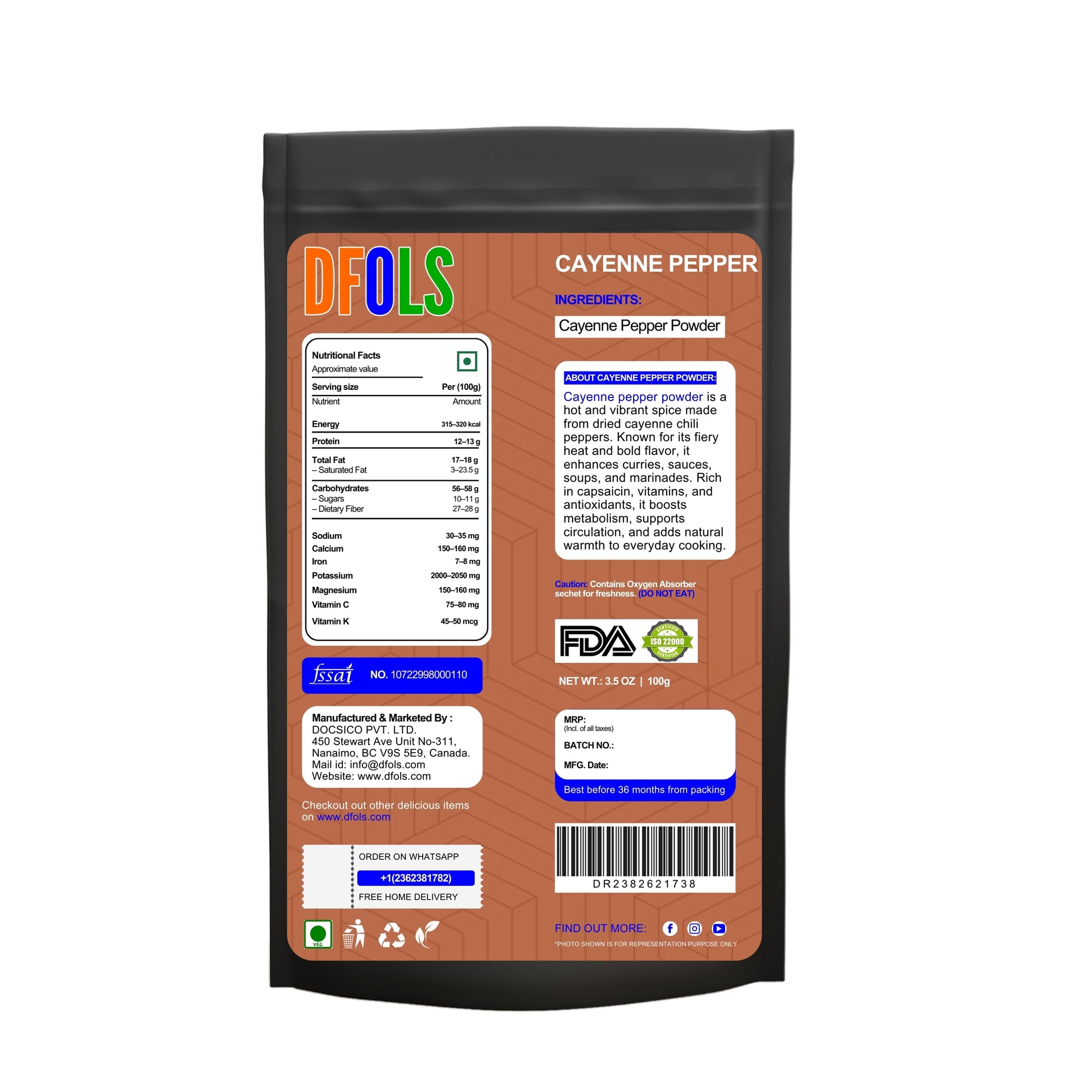 Organic Cayenne Pepper – 100% Pure, Non-GMO, Premium Ground Red Chili Powder, High Heat & Fresh Aroma, All-Natural Spice for Cooking, Seasoning & Wellness - DFOLS