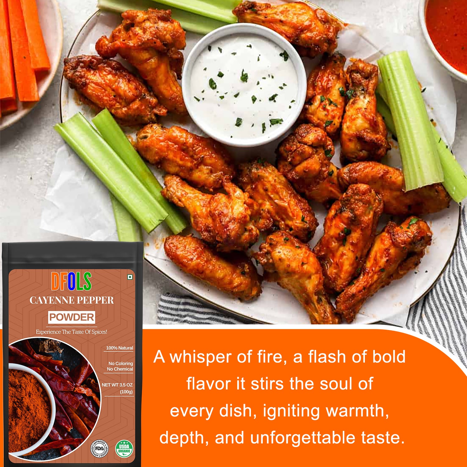 Organic Cayenne Pepper – 100% Pure, Non-GMO, Premium Ground Red Chili Powder, High Heat & Fresh Aroma, All-Natural Spice for Cooking, Seasoning & Wellness - DFOLS