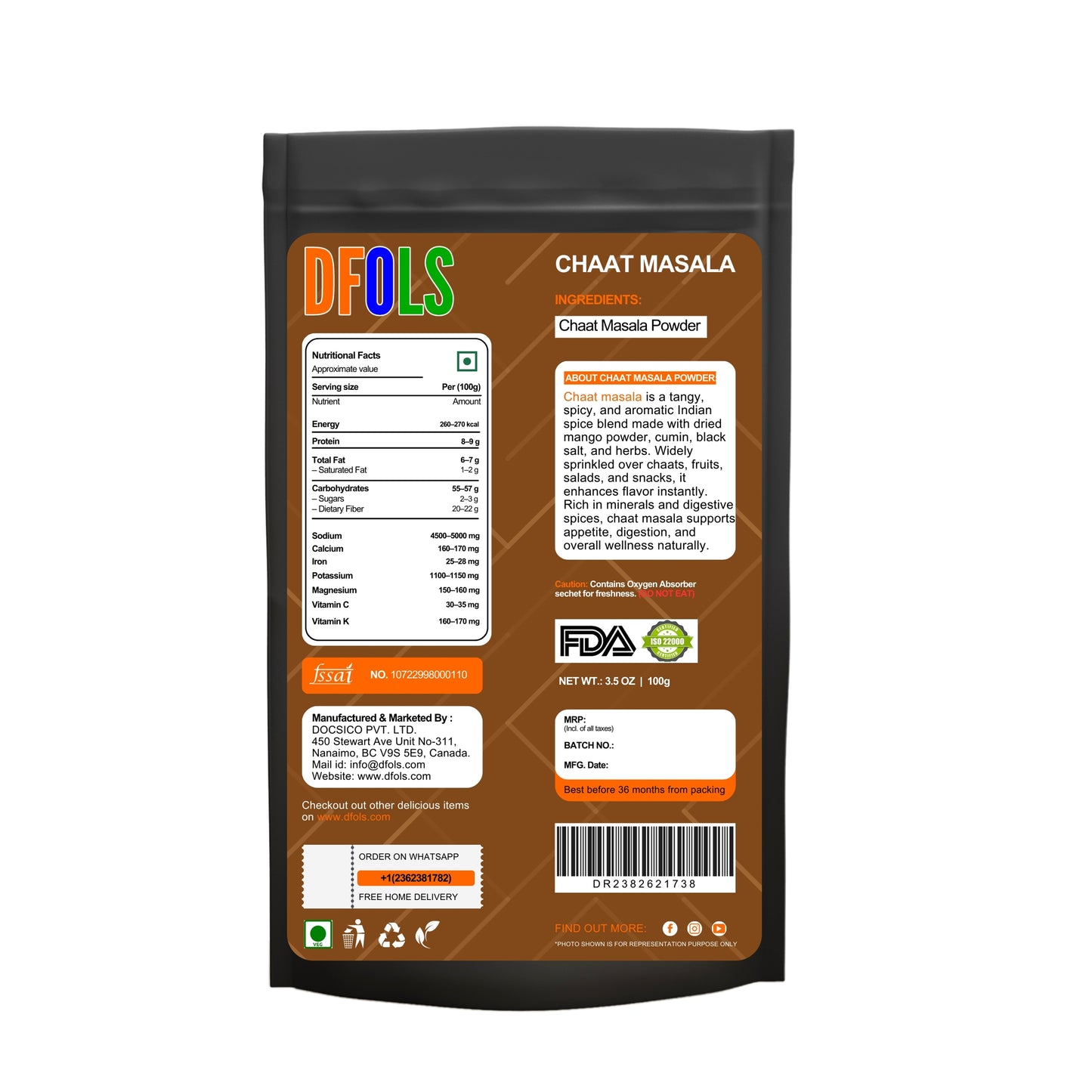 All Natural & Organic Chat Masala | Vegan, Non-GMO, Preservative-Free Indian Spice Blend | Premium Quality Seasoning for Snacks, Salads, Chaats & Home Cooking - DFOLS