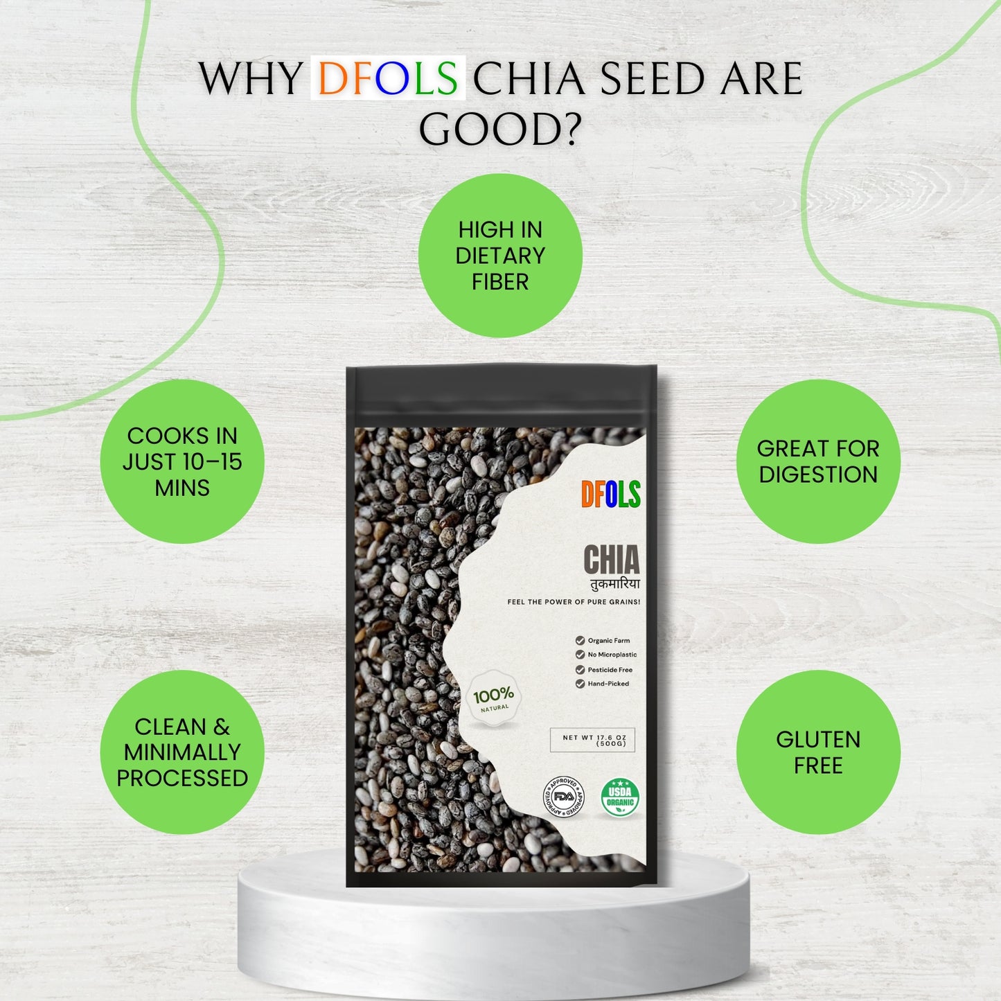 DFOLS Organic Chia Seeds | High in Omega-3, Protein & Fiber | Gluten-Free Superfood | Ideal for Weight Loss, Digestion, Smoothies, Baking & Daily Nutrition