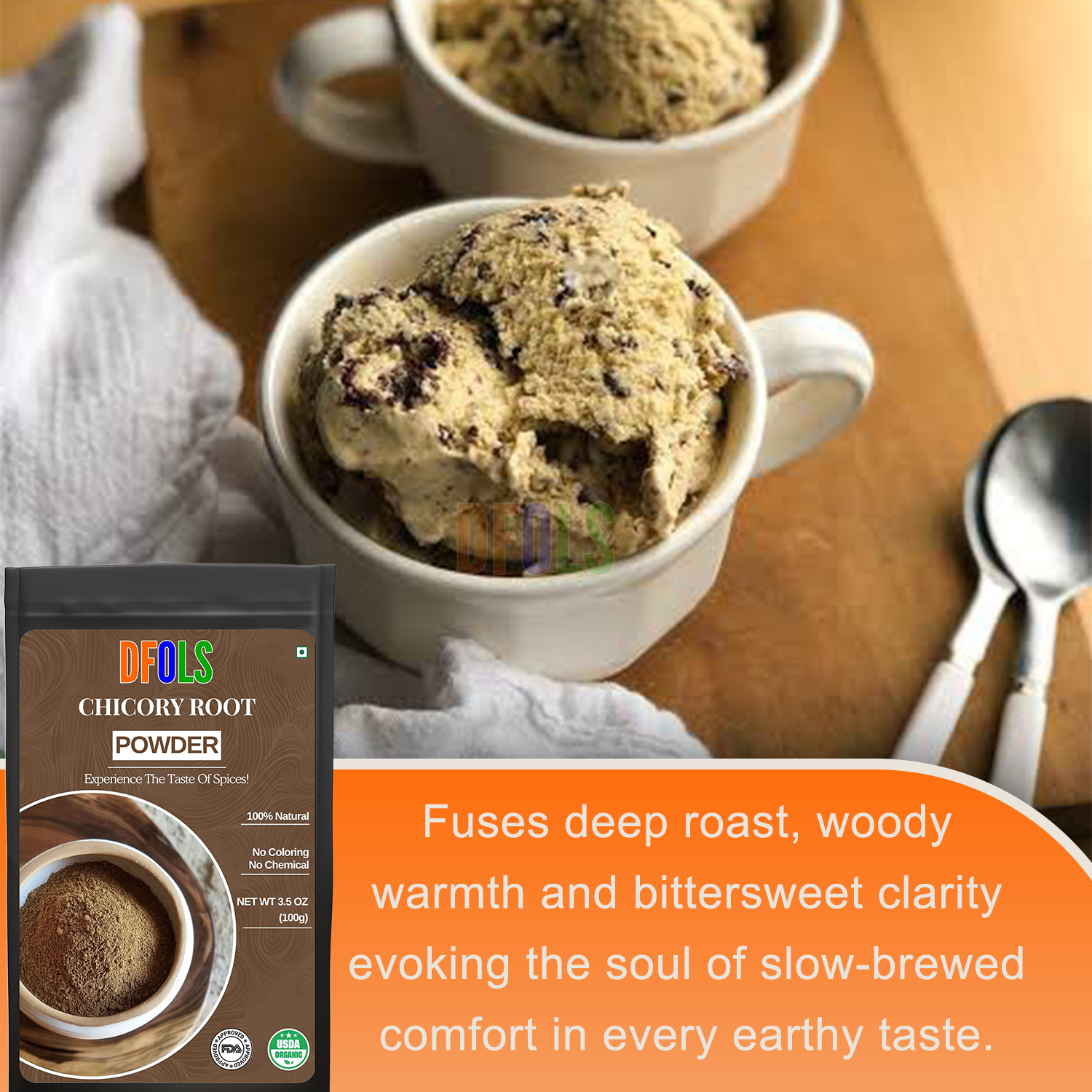 Organic Chicory Root Powder – 100% Pure, Caffeine-Free Coffee Substitute, High in Inulin Fiber, Gluten-Free, Non-GMO, Vegan - DFOLS