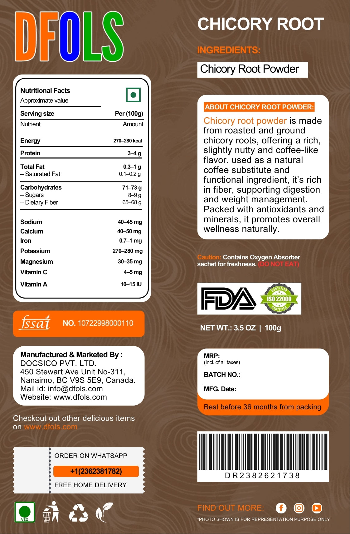 Organic Chicory Root Powder – 100% Pure, Caffeine-Free Coffee Substitute, High in Inulin Fiber, Gluten-Free, Non-GMO, Vegan - DFOLS