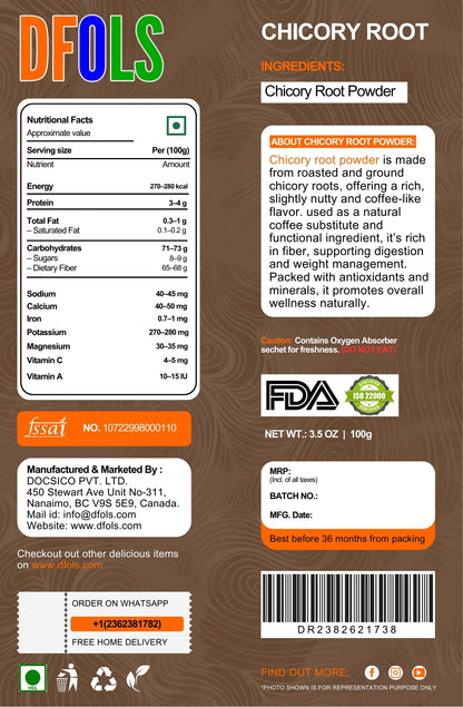 Organic Chicory Root Powder – 100% Pure, Caffeine-Free Coffee Substitute, High in Inulin Fiber, Gluten-Free, Non-GMO, Vegan - DFOLS