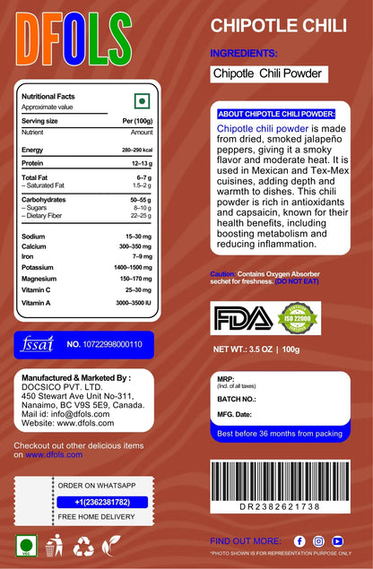 Chipotle Powder – Dried Smoked Jalapeño Peppers, Rich Aroma, Warm Smoky Flavor, Mild Heat, Perfect for BBQ, Mexican Dishes, Seasoning & Marinades - DFOLS