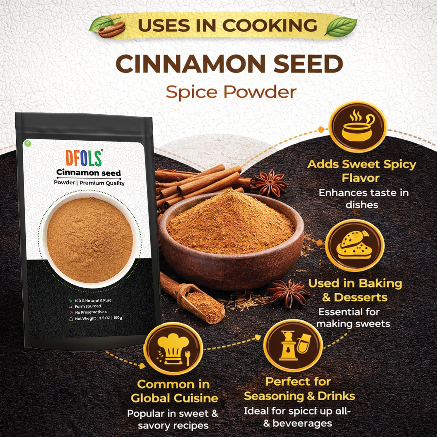 Dfols Cinnamon Powder 100g (3.5oz / 0.22lb) Pure Natural Indian Spice – シナモンパウダー