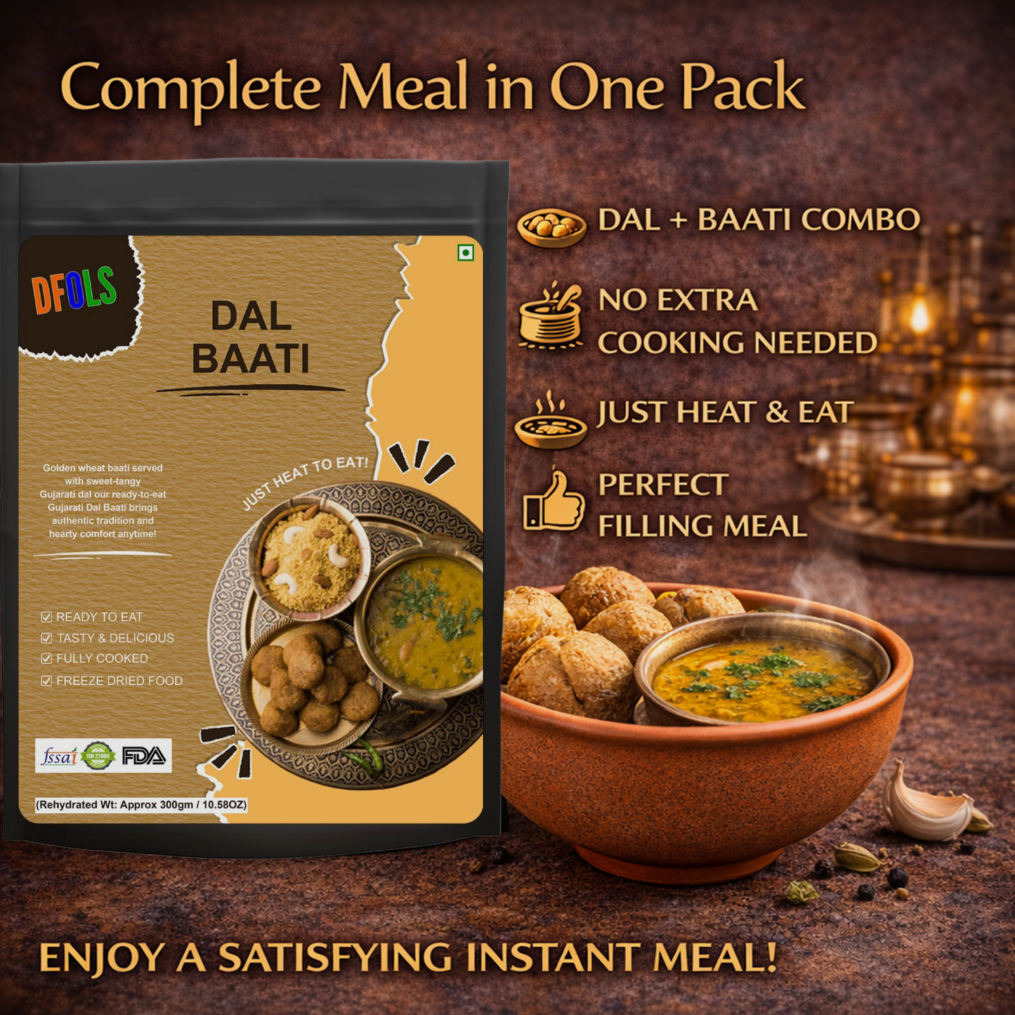 Gujarati Dal Baati | Traditional Rajasthani Meal | Spiced Dal with Baked Wheat Baati | Authentic Taste | Ready to Heat & Serve | Comfort Food Pack