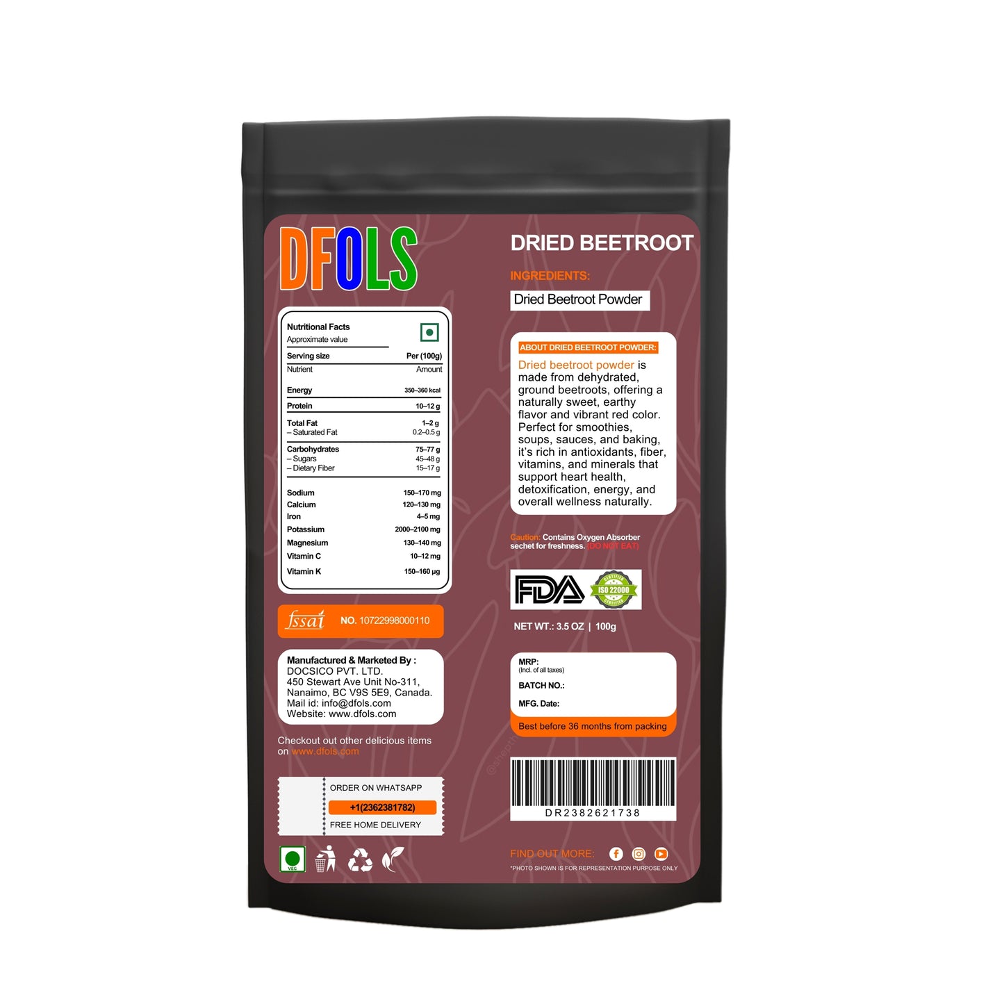Natural Dried Beetroot Powder - Antioxidant-Rich Superfood for Health and Wellness - Supports Heart Health, Detox, and Athletic Performance - DFOLS