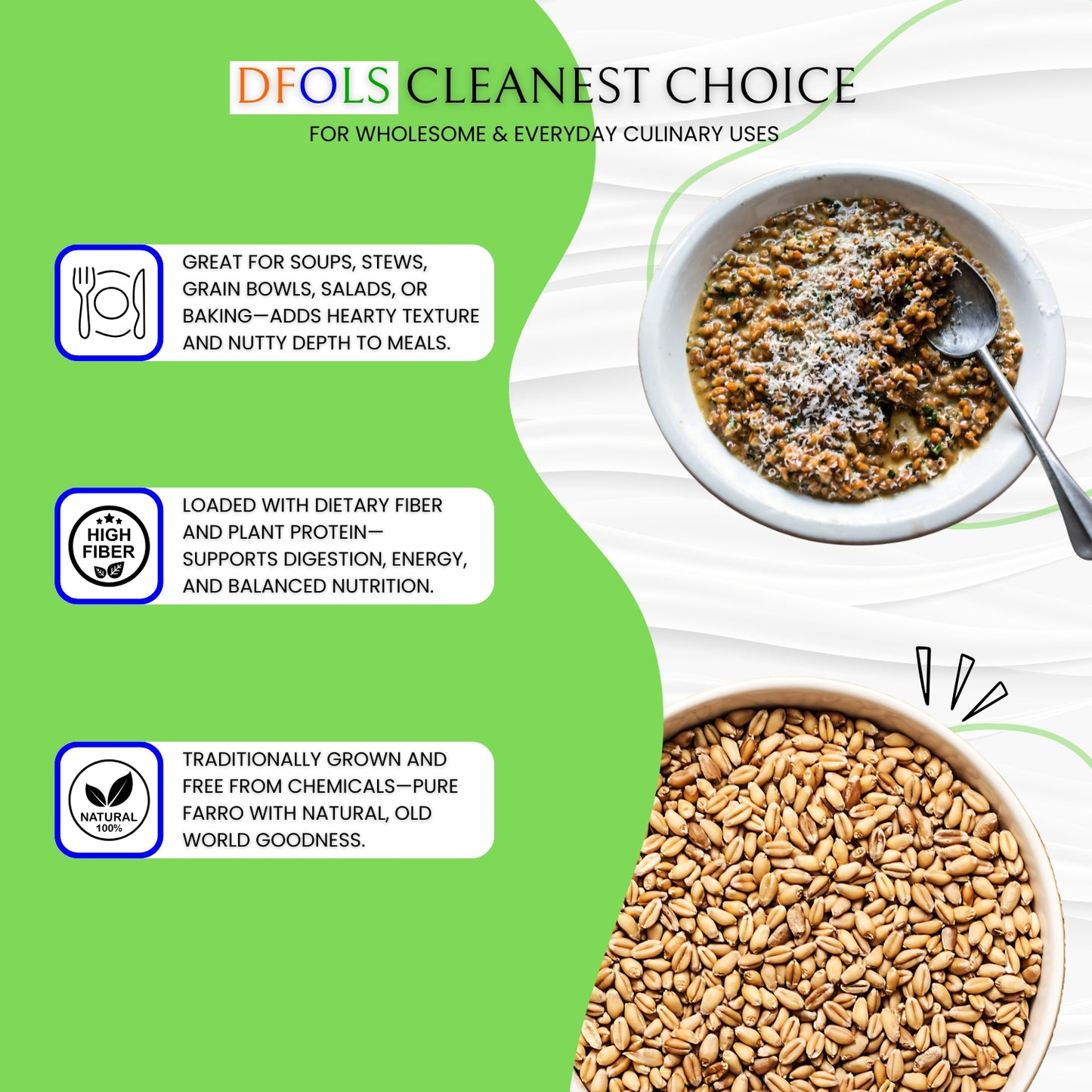 DFOLS Organic Einkorn | Natural, High-Protein, Fiber-Rich, Pesticide-Free Superfood | Premium Whole Grain for Healthy Cooking