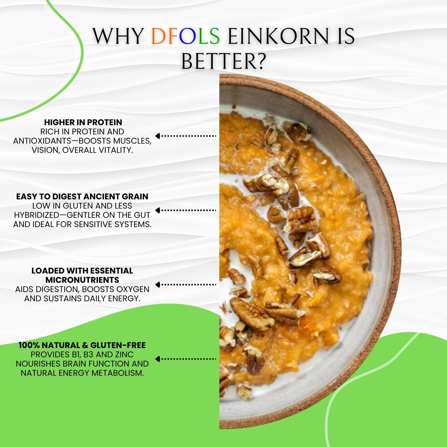 DFOLS Organic Einkorn | Natural, High-Protein, Fiber-Rich, Pesticide-Free Superfood | Premium Whole Grain for Healthy Cooking