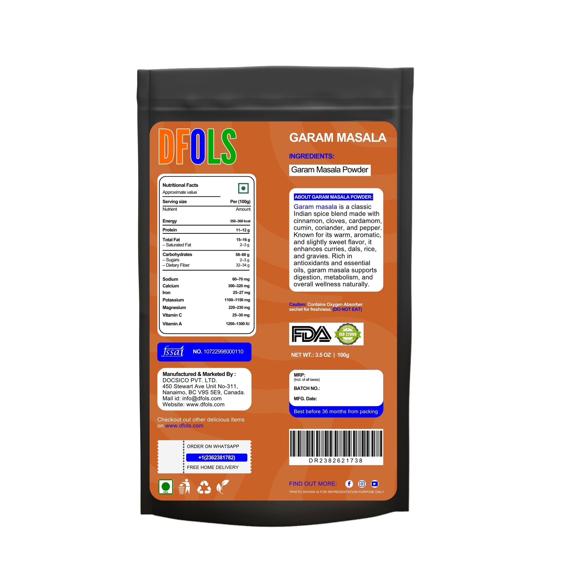 Organic Garam Masala , Northern Indian Spice Blend, Richly Spicy But Not Hot, Kosher, Non ETO - DFOLS