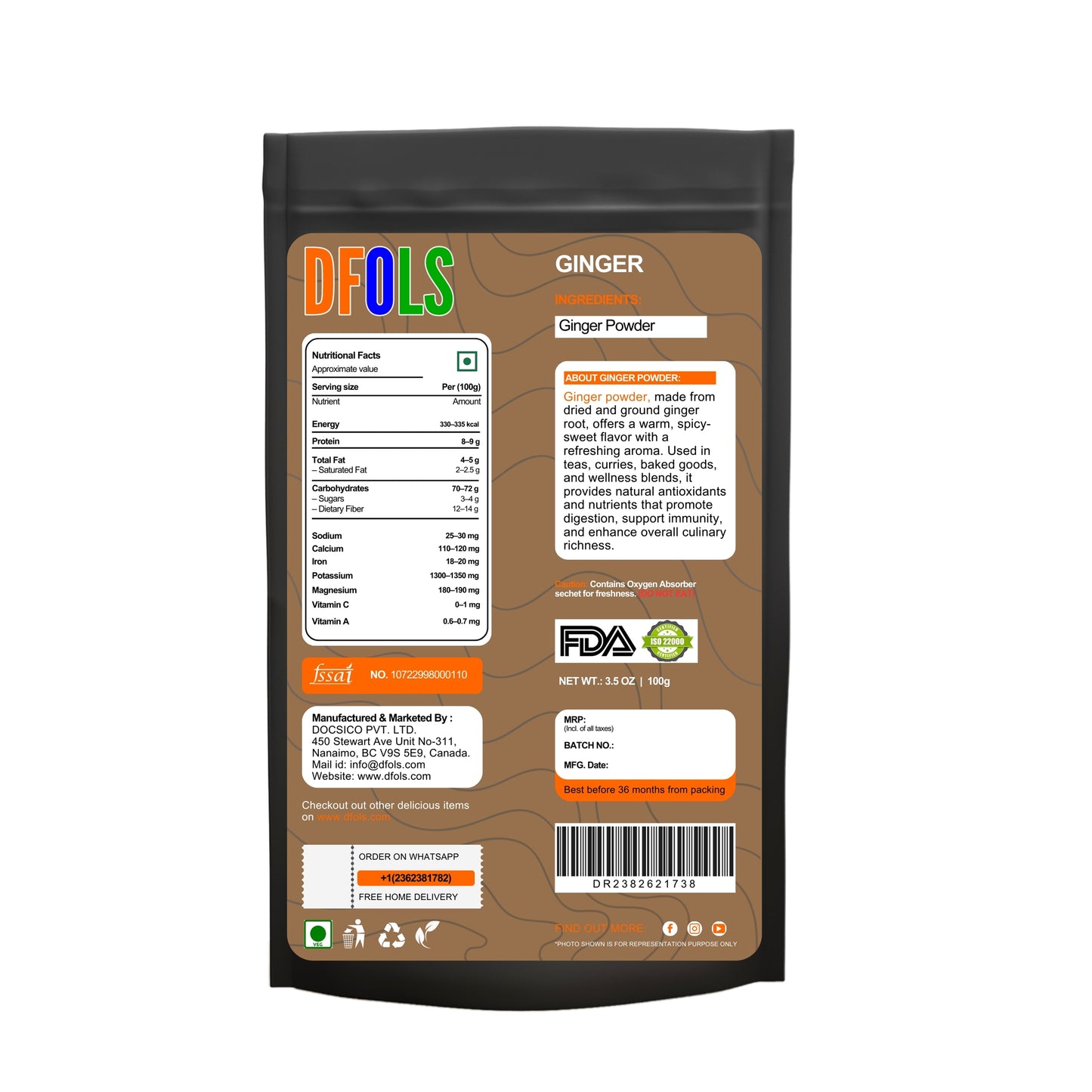 Pure Ground Ginger Powder | Fresh, Zesty & Aromatic | Ideal for Cooking, Baking, Curry, Sauces, Soups, Tea & Health Drinks | Natural Fine Spice for Daily Kitchen Use - DFOLS