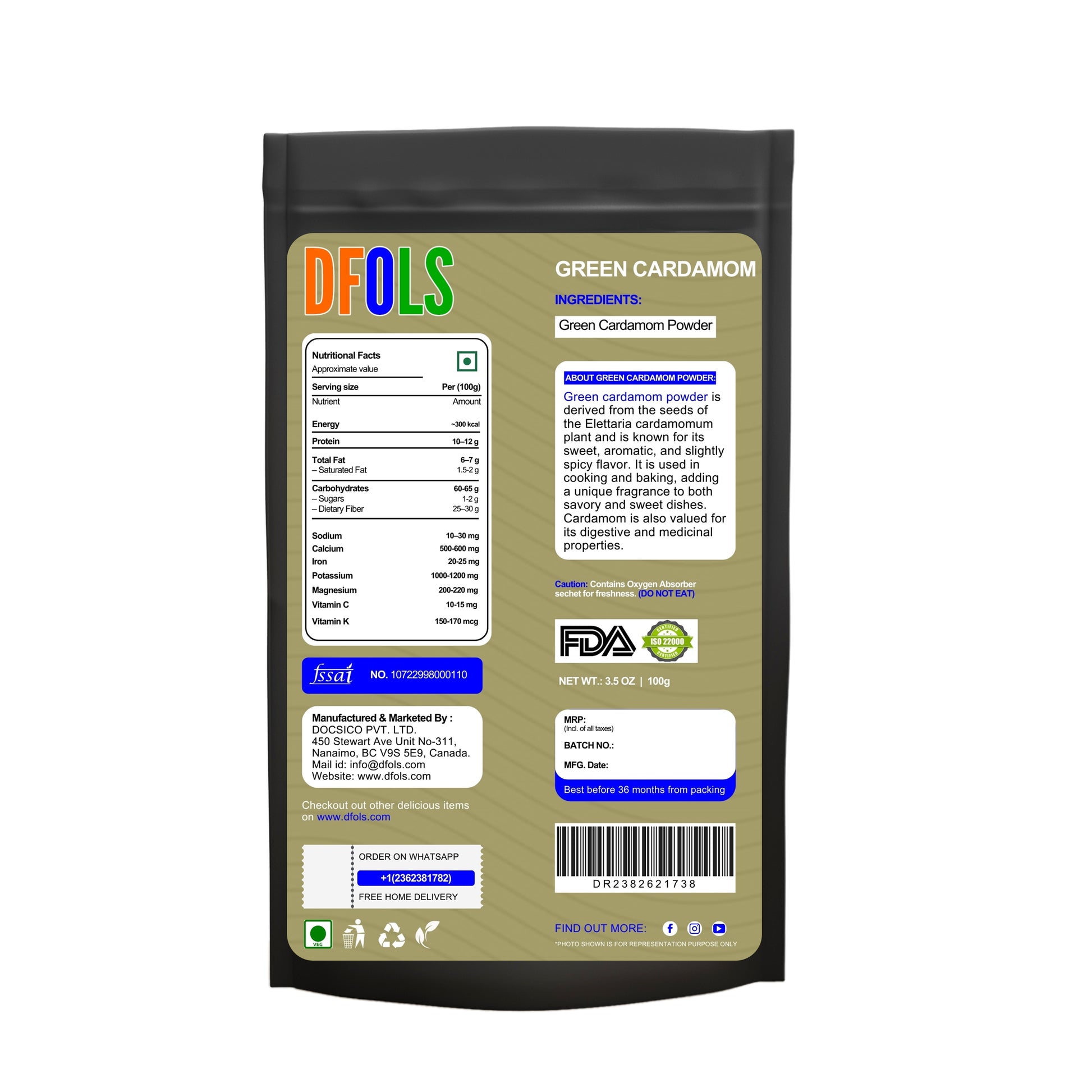 Green Cardamom Powder – 100% Pure & Natural | Premium Elaichi Powder for Cooking, Baking, Tea, Coffee & Desserts | Fresh, Aromatic Spice for Daily Use - DFOLS