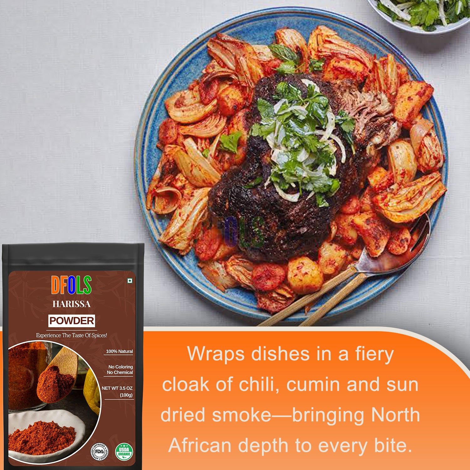 Organic Harissa Powder – Bold Moroccan Chili Seasoning for Heat & Depth | Great for Meats, Soups, Sauces & Veggies | No Salt, Vegan, Non-GMO, Authentic & All-Natural Spice - DFOLS