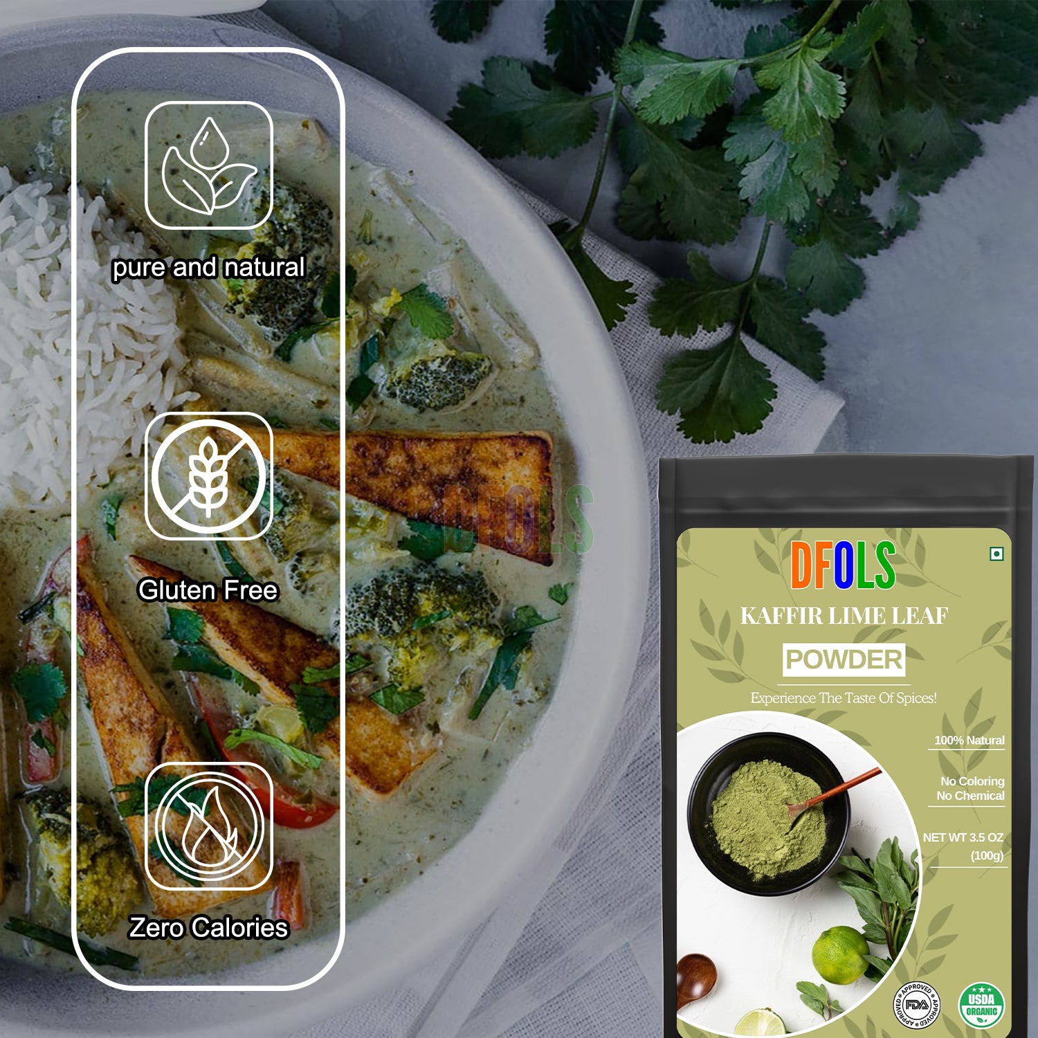 Organic and pure Kaffir Lime Leaf Powder - Premium Quality, Aromatic Herb for Thai Cooking, Soups, Curries, and Marinades - DFOLS