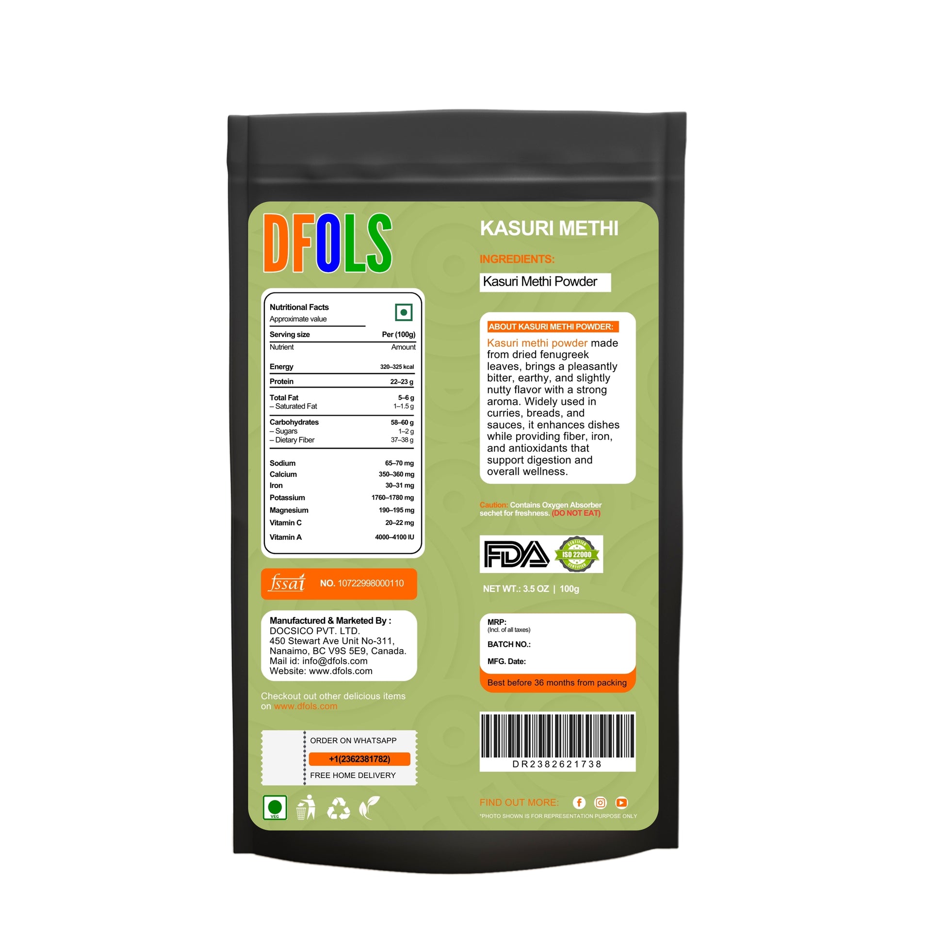 100% organic Kasoori Methi- Natural and Aromatic- Ideal for Mexican, Indian, Mediterranean, Asian Cuisine. Salads - DFOLS