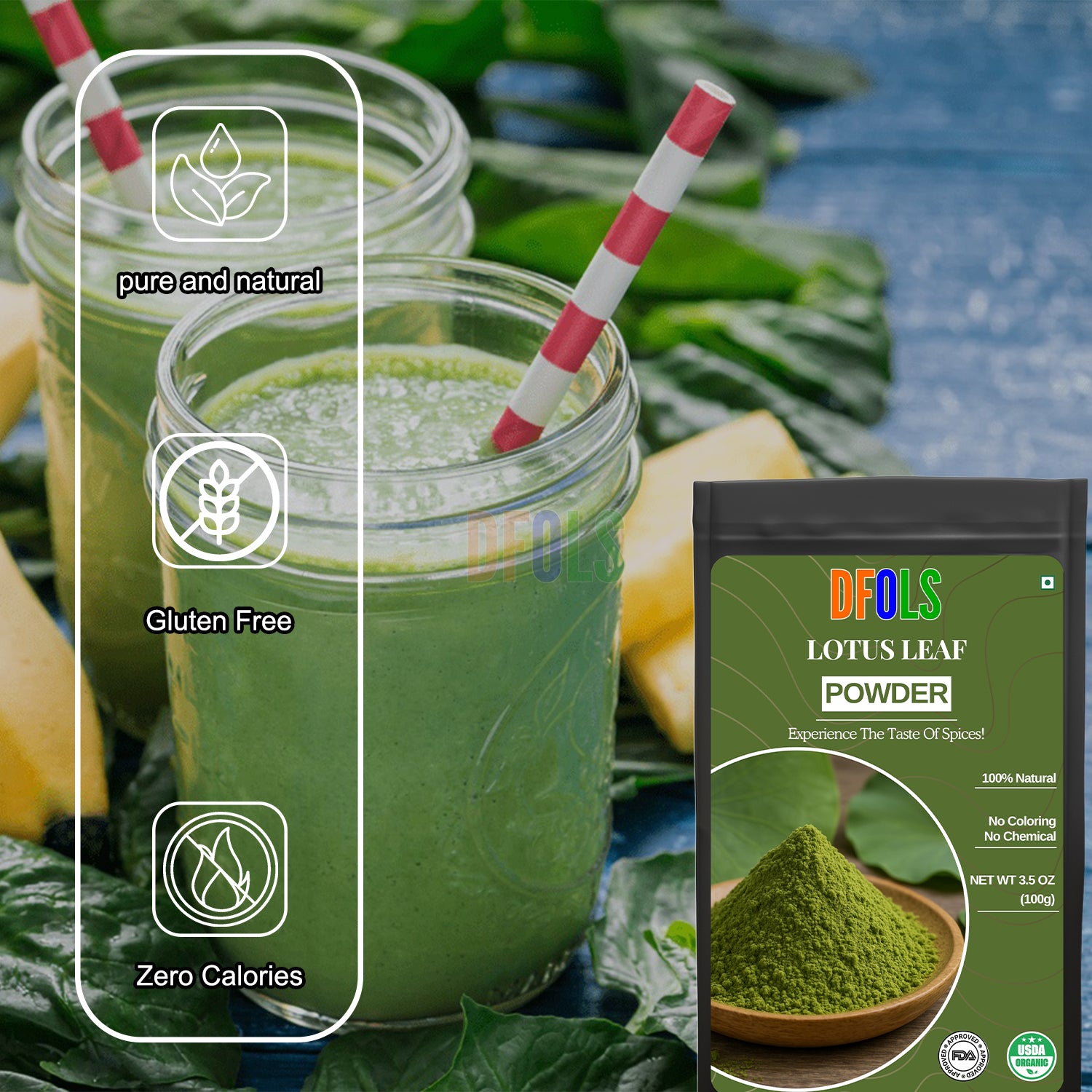 Organic Lotus Leaf Powder | 100% Pure Natural Herbal Supplement for Weight Loss, Detox & Digestive Health | Metabolism Booster for Overall Wellness - DFOLS