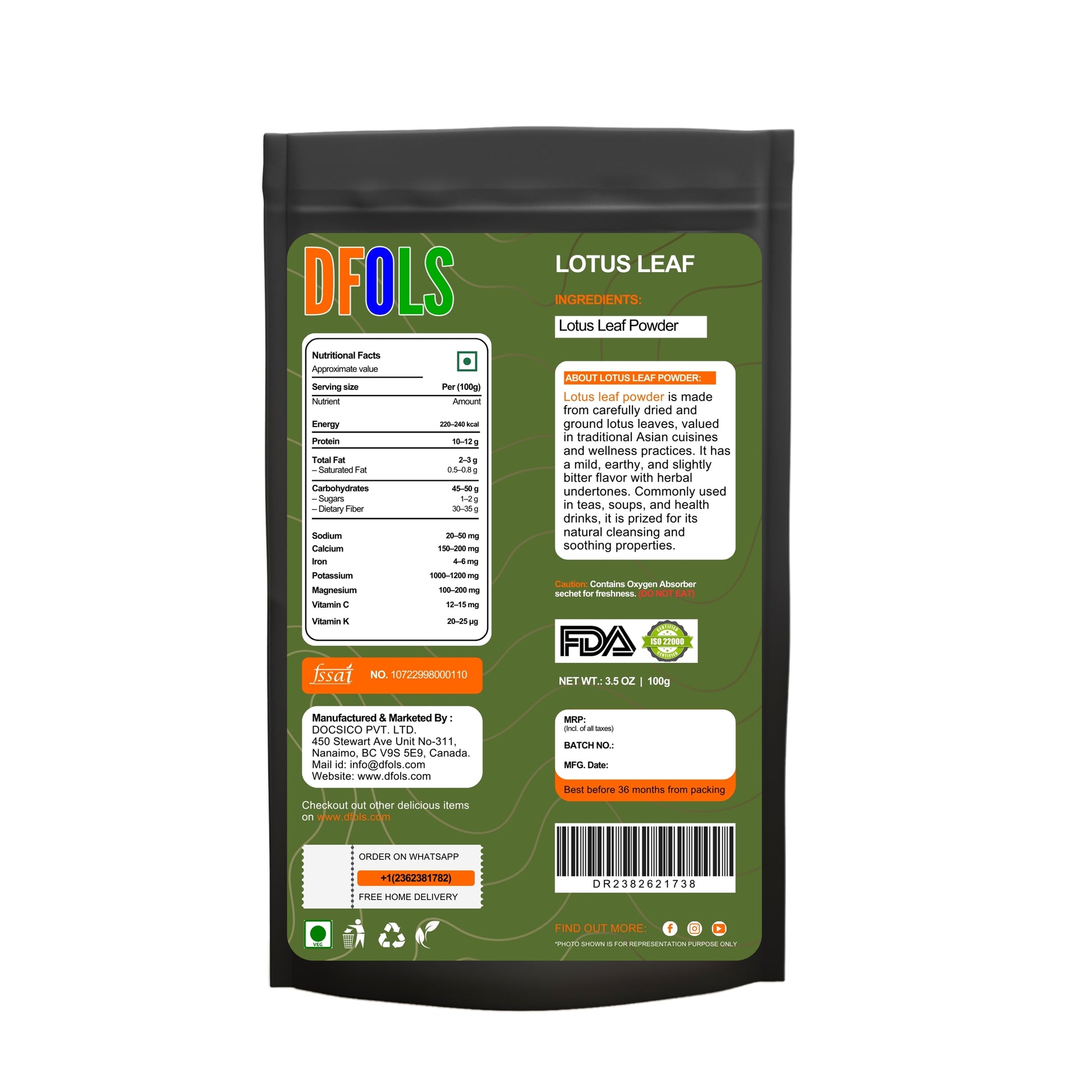 Organic Lotus Leaf Powder | 100% Pure Natural Herbal Supplement for Weight Loss, Detox & Digestive Health | Metabolism Booster for Overall Wellness - DFOLS