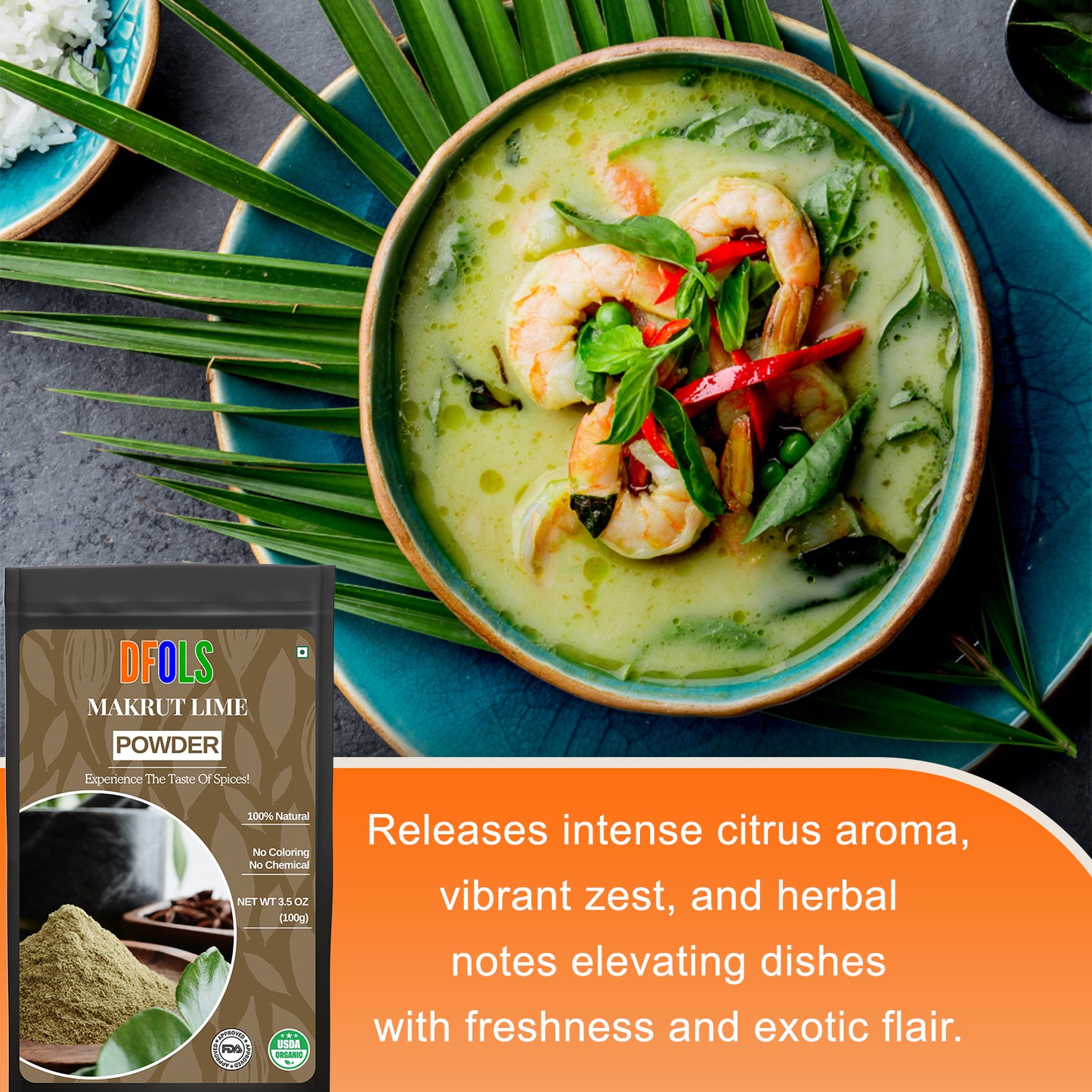 Makrut Lime Powder – Premium Dried & Ground Kaffir Lime Leaves for Authentic Thai & Southeast Asian Cuisine (2 oz Jar) – All-Natural, Non-GMO, Gluten-Free, Vegan - DFOLS