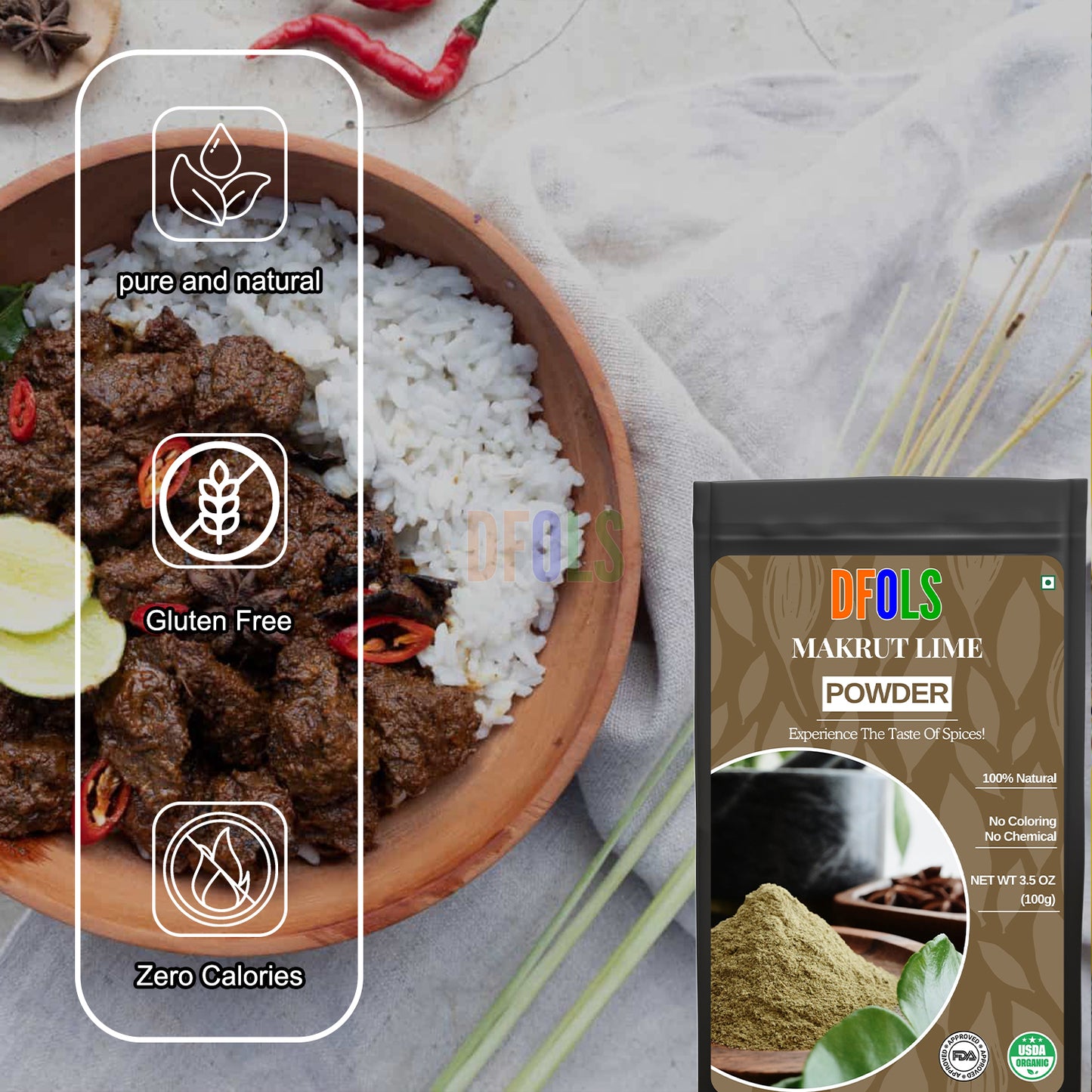 Makrut Lime Powder – Premium Dried & Ground Kaffir Lime Leaves for Authentic Thai & Southeast Asian Cuisine (2 oz Jar) – All-Natural, Non-GMO, Gluten-Free, Vegan - DFOLS