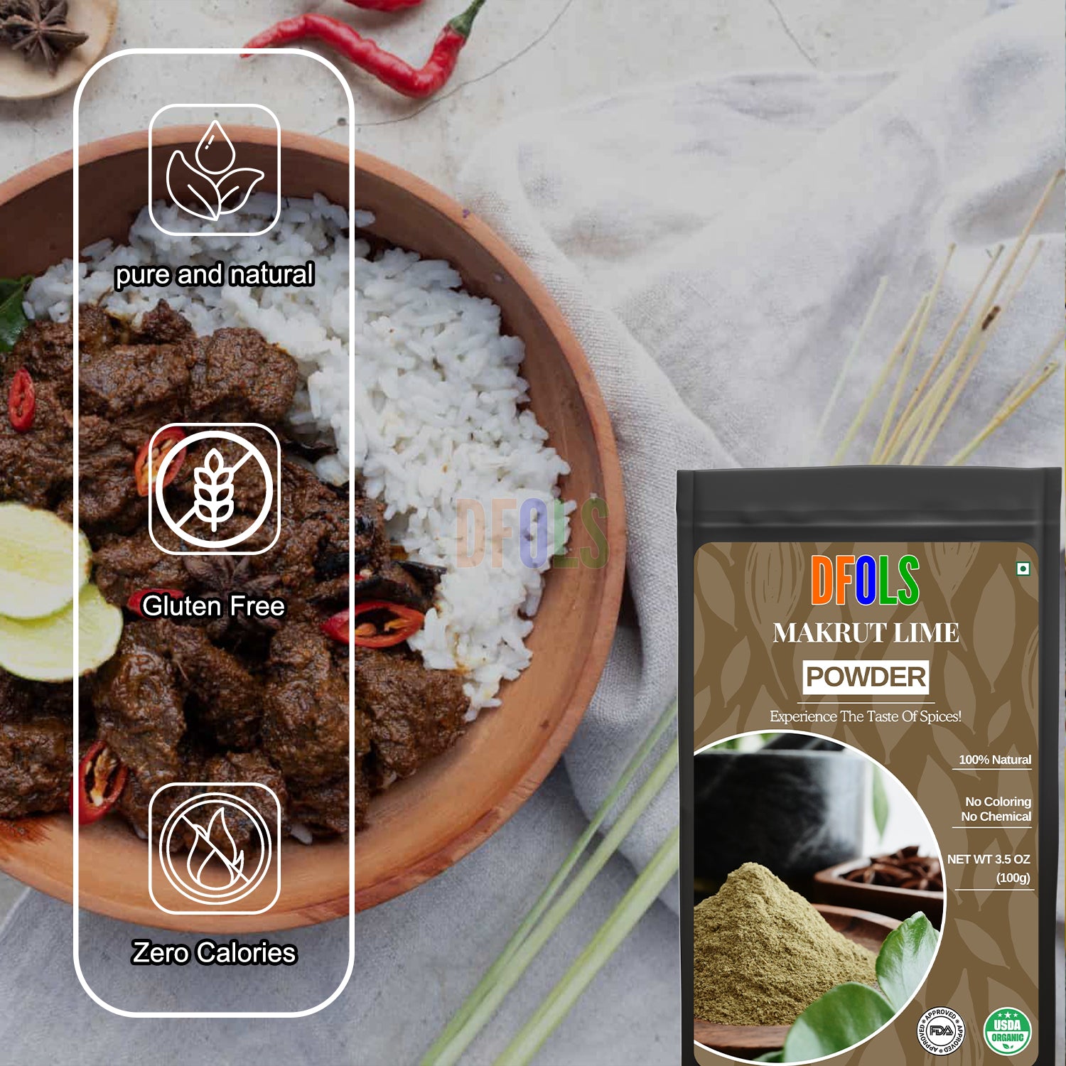 Makrut Lime Powder – Premium Dried & Ground Kaffir Lime Leaves for Authentic Thai & Southeast Asian Cuisine (2 oz Jar) – All-Natural, Non-GMO, Gluten-Free, Vegan - DFOLS