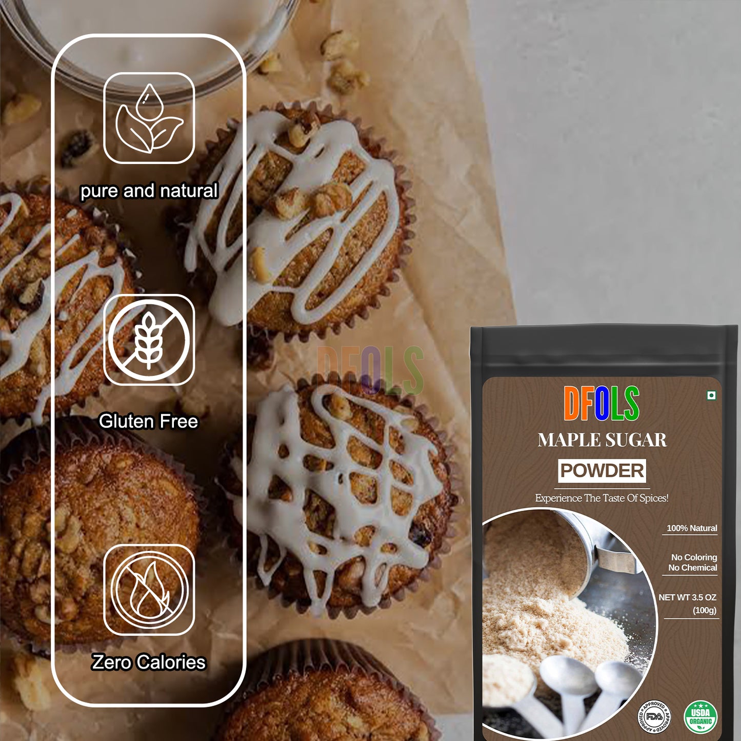 Pure Maple Sugar, Natural Sweetener, Maple Powder - Perfect Sugar Alternative for Teas, Baking & More - DFOLS