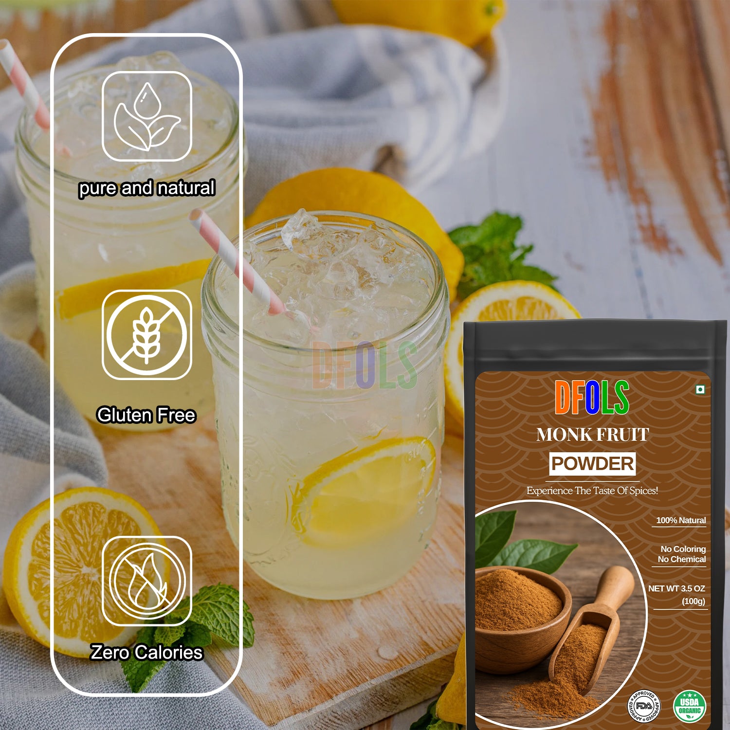 Monk Fruit Powder – Natural Zero-Calorie Sweetener for Baking, Cooking, Keto & Diabetic Diets | Non-GMO, Gluten-Free, Low-Carb Sugar Substitute for Coffee, Tea & Desserts - DFOLS