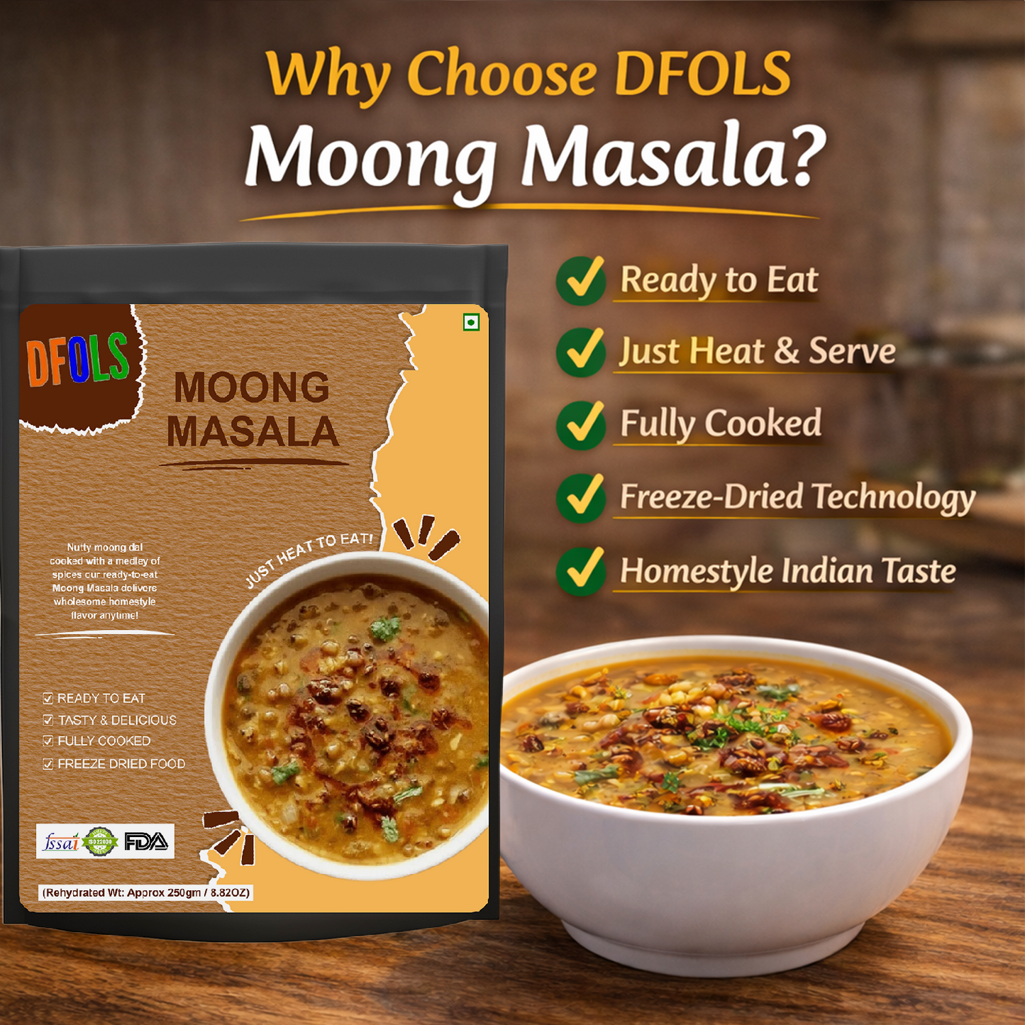 Moong Masala Ready-to-Eat | Protein-Rich Indian Lentil Curry with Aromatic Spices | Heat & Serve Meal | Natural Ingredients, Flavorful & Nutritious