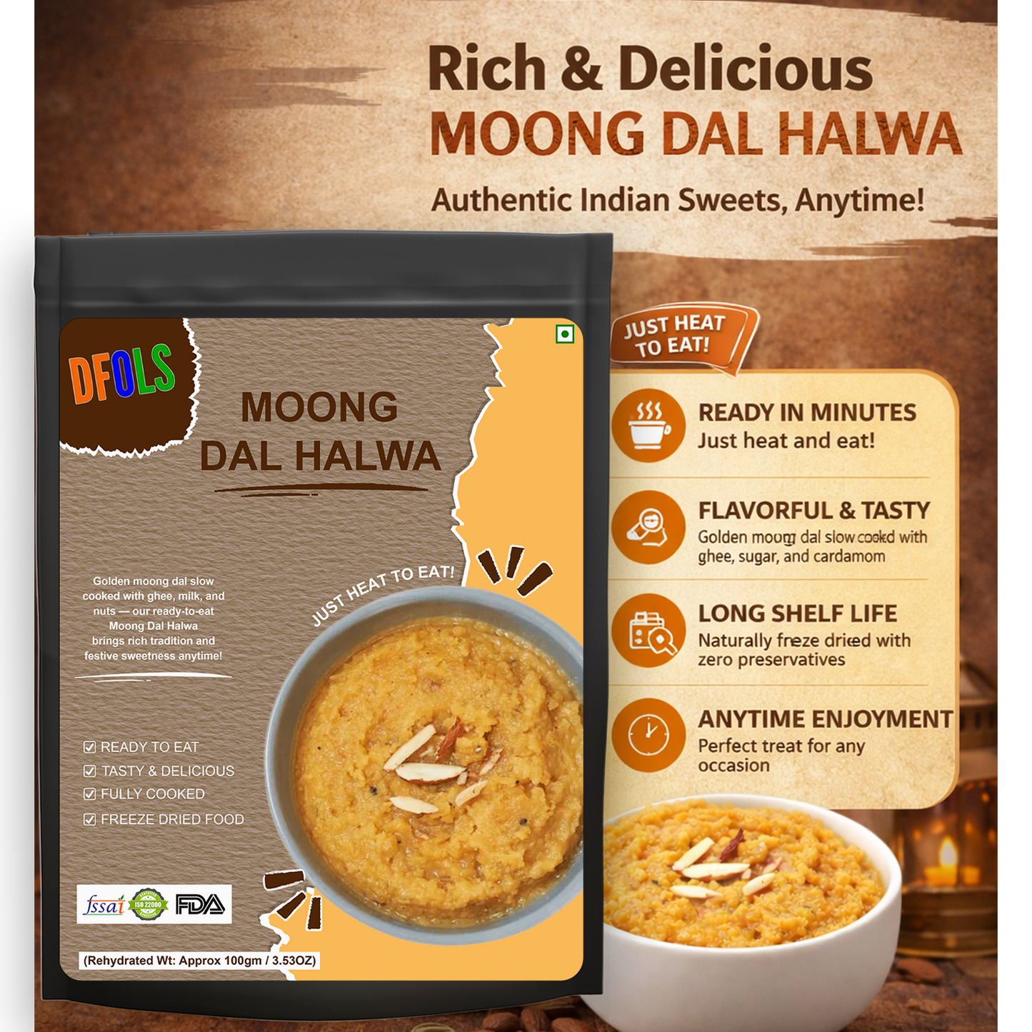Indian Moong Dal Halwa | Slow-Cooked Dessert Made with Yellow Lentils, Pure Ghee & Sugar | Rich, Authentic Indian Sweet | Instant Ready Halwa | Traditional Dessert Treat