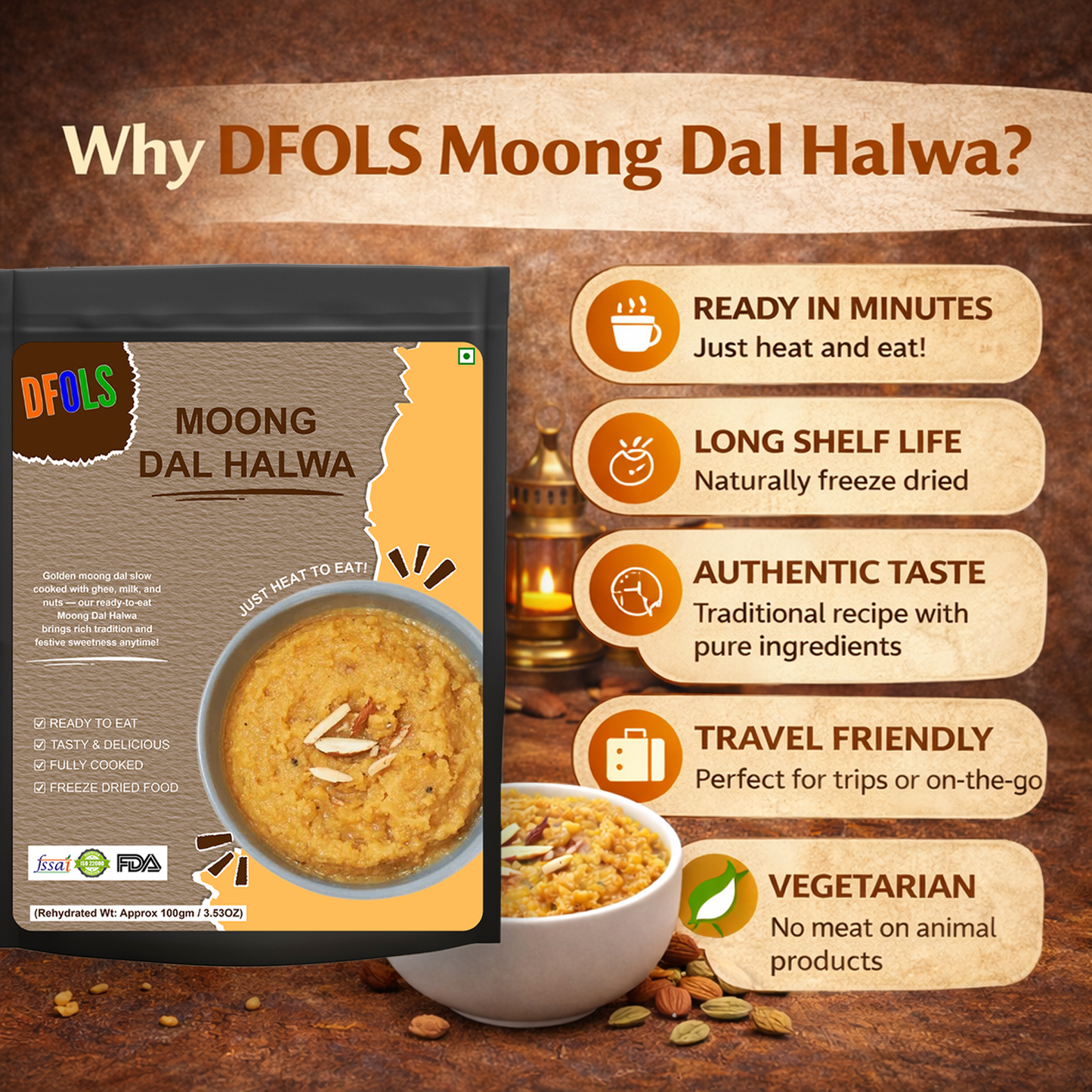 Indian Moong Dal Halwa | Slow-Cooked Dessert Made with Yellow Lentils, Pure Ghee & Sugar | Rich, Authentic Indian Sweet | Instant Ready Halwa | Traditional Dessert Treat