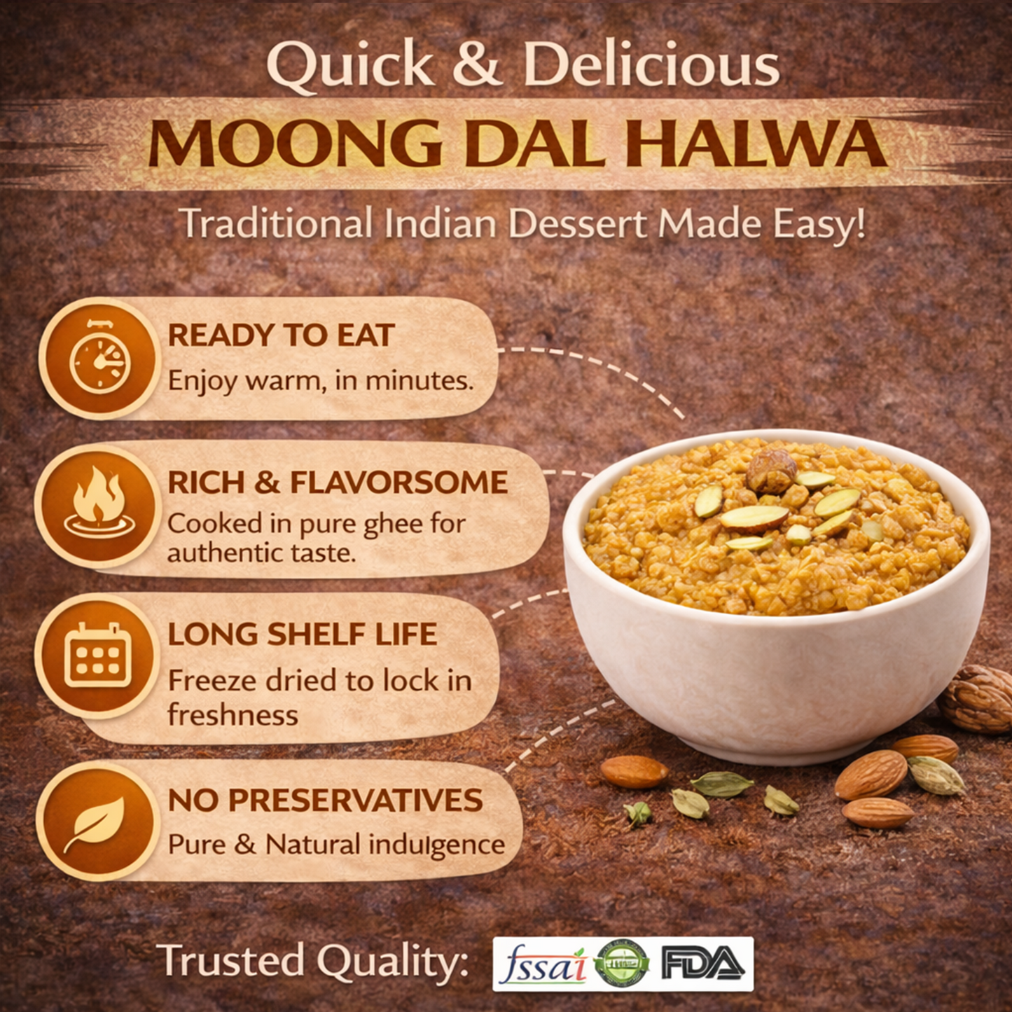 Indian Moong Dal Halwa | Slow-Cooked Dessert Made with Yellow Lentils, Pure Ghee & Sugar | Rich, Authentic Indian Sweet | Instant Ready Halwa | Traditional Dessert Treat