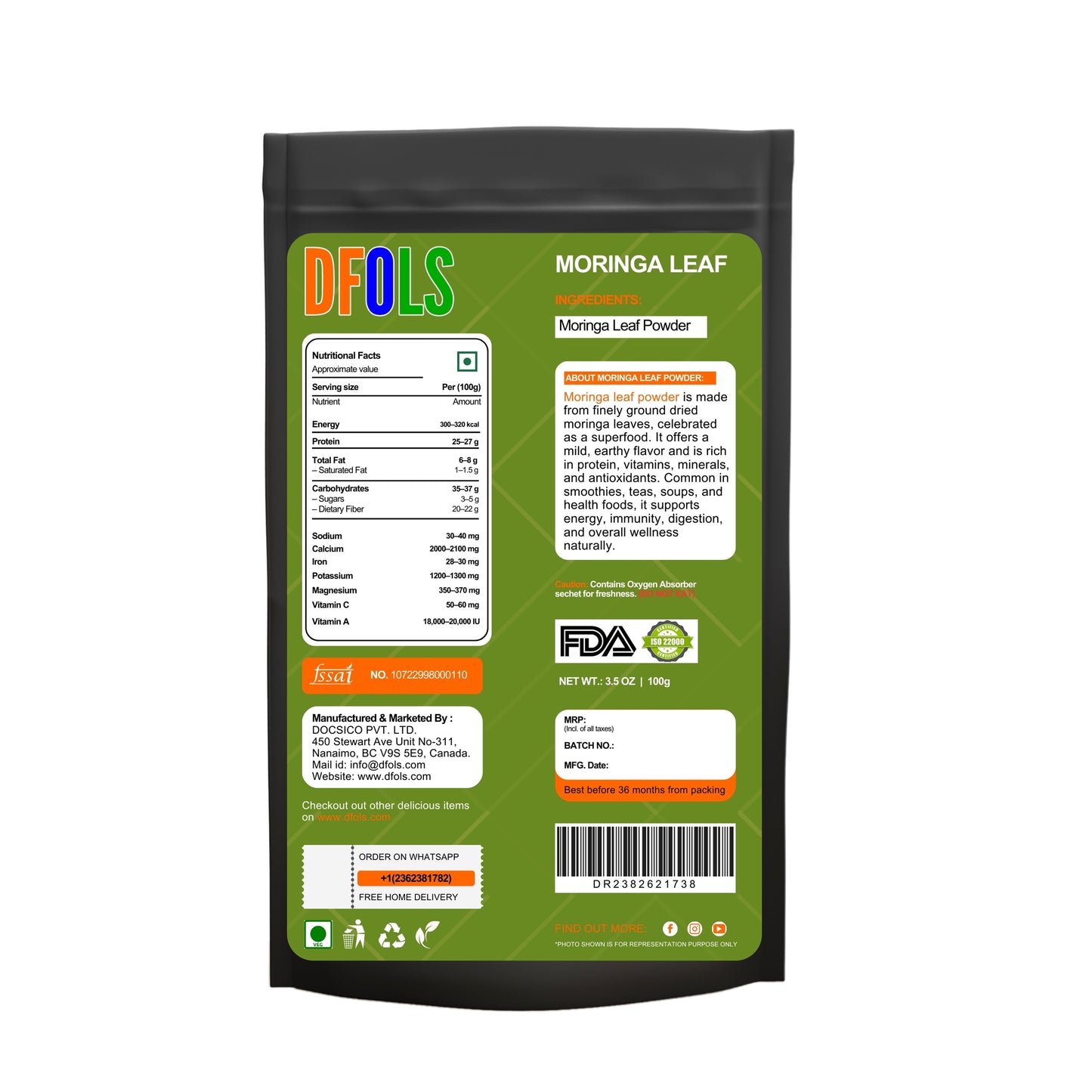 Moringa Powder for Energy & Wellness | Non-GMO, Gluten-Free Superfood | Natural Vitamin-Rich Green Powder for Immunity, Detox, Digestion & Overall Health