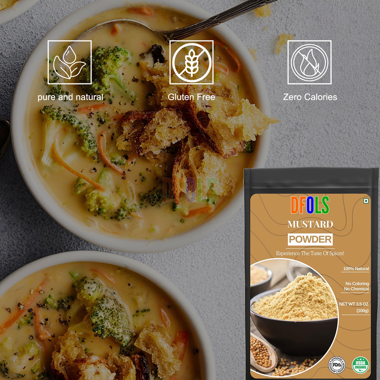 Premium Mustard Powder | Pure Ground Mustard Spice for Cooking, Baking, Pickles, Marinades & Dressings | Strong, Bold & Spicy Flavor | Fresh Aromatic Spice for Kitchen Use - DFOLS