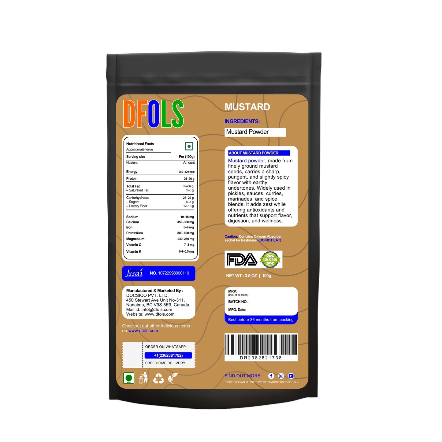 Premium Mustard Powder | Pure Ground Mustard Spice for Cooking, Baking, Pickles, Marinades & Dressings | Strong, Bold & Spicy Flavor | Fresh Aromatic Spice for Kitchen Use - DFOLS