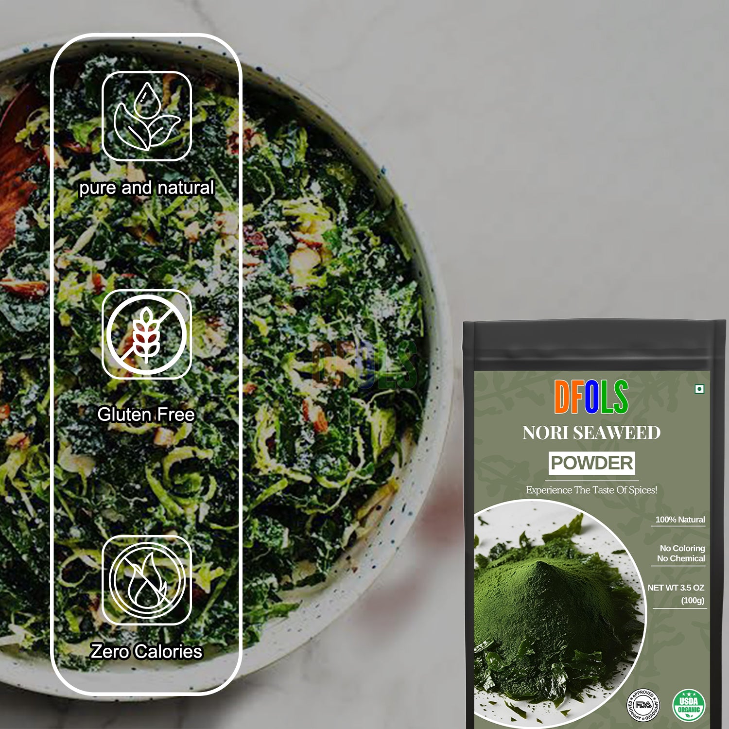 Raw Nori Powder | 100% Pure Green Seaweed Powder | Vegan, Non-GMO, No Additives | Premium Japanese Nori for Cooking, Smoothies, Seasoning & Health Benefits | Natural Sea Vegetable - DFOLS