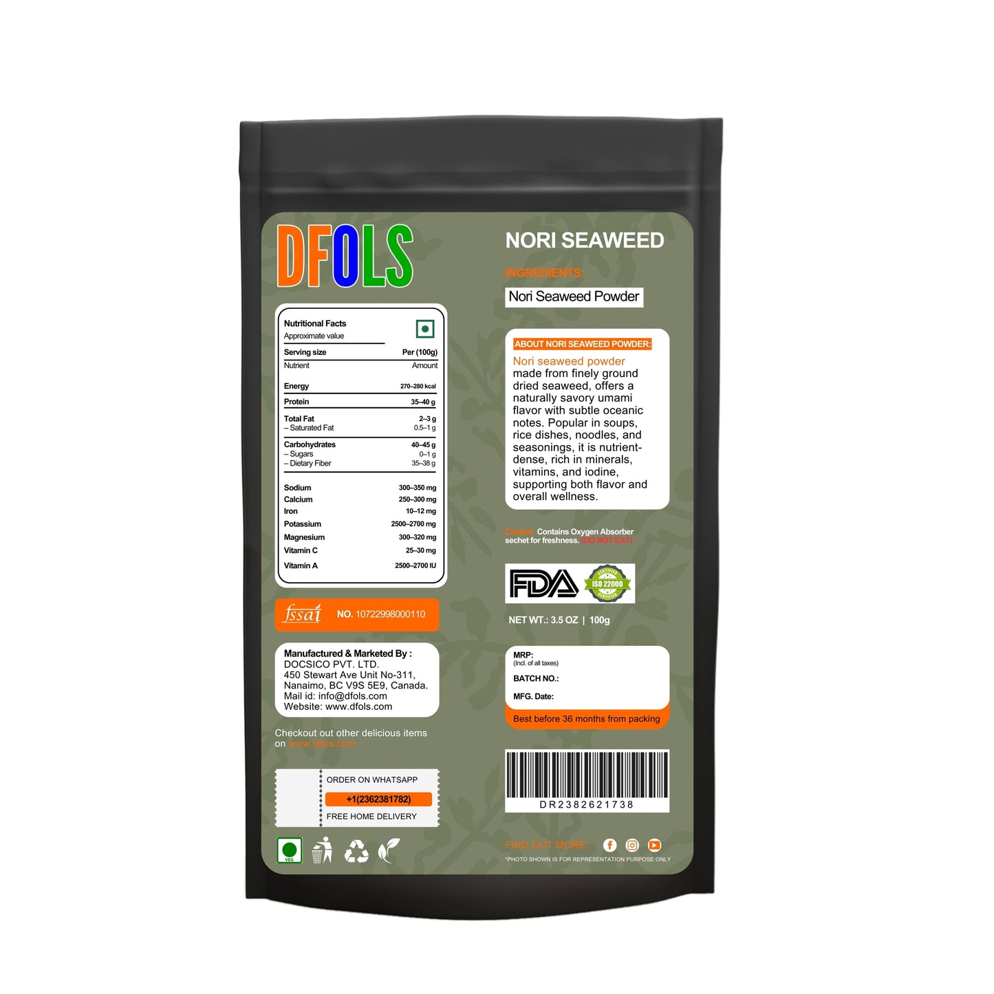 Raw Nori Powder | 100% Pure Green Seaweed Powder | Vegan, Non-GMO, No Additives | Premium Japanese Nori for Cooking, Smoothies, Seasoning & Health Benefits | Natural Sea Vegetable - DFOLS