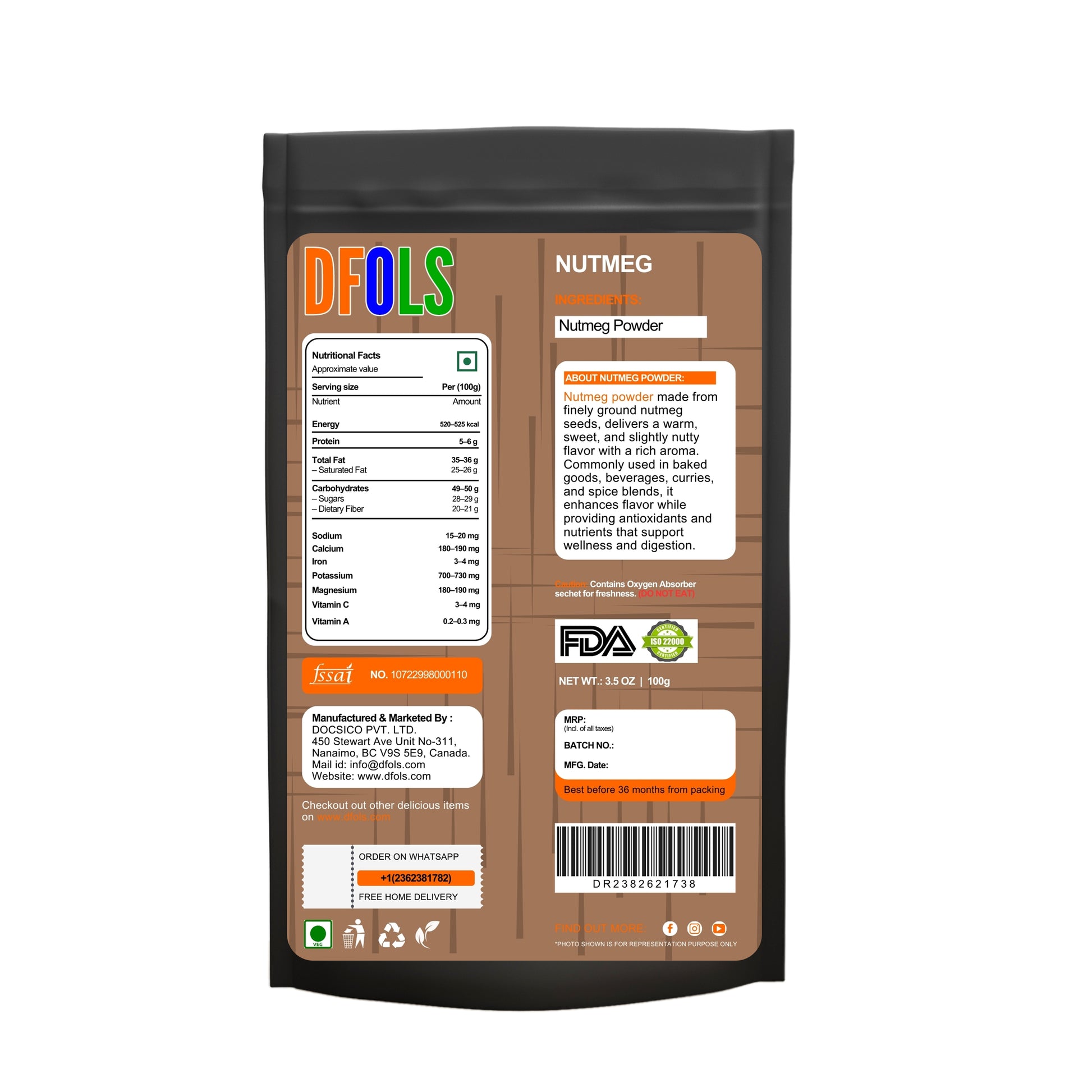 Organic Ground Nutmeg 2.3 oz Jar | Pure, Aromatic & Spicy-Sweet Flavor | USDA Organic | Kosher | Non-GMO | No ETO | Freshly Ground Premium Quality Spice - DFOLS