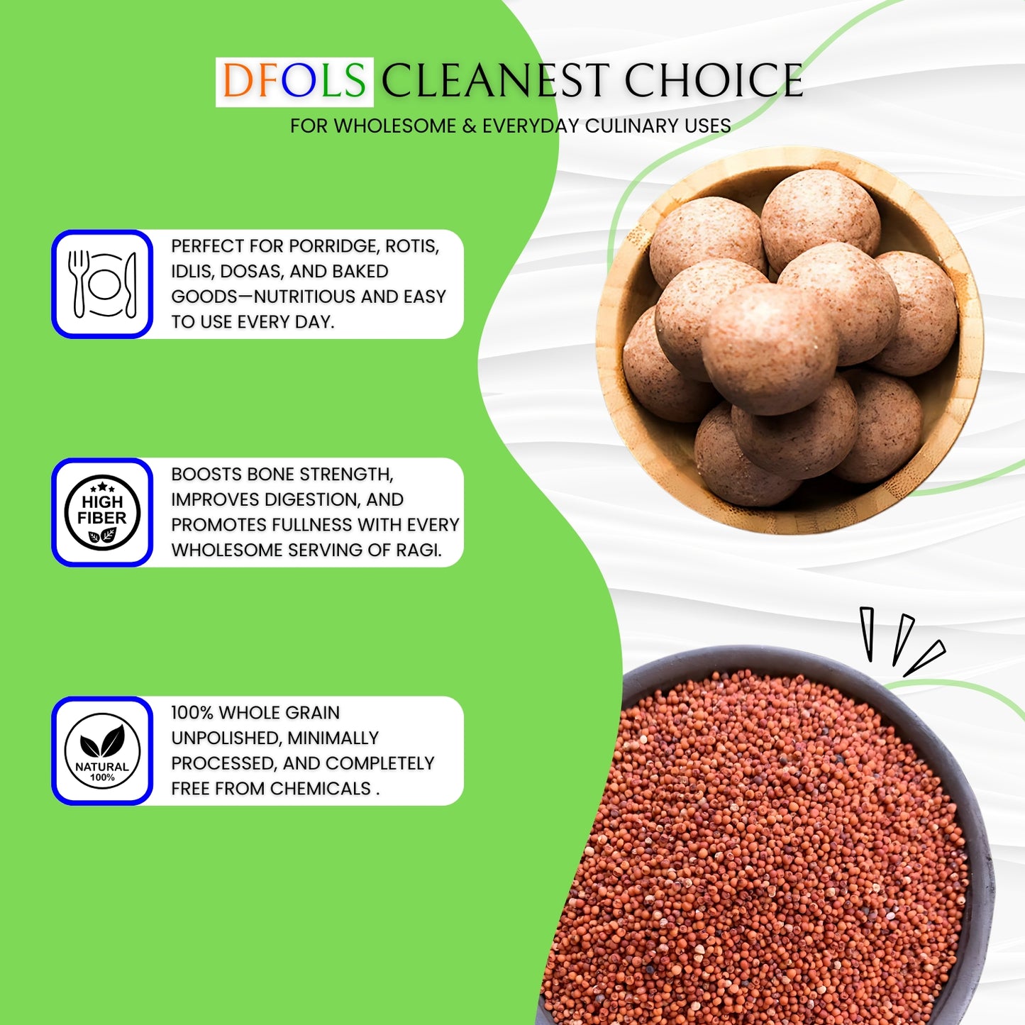 DFOLS Organic Ragi (Finger Millet) | Natural, Gluten-Free Super Grain | High Calcium, Fiber-Rich, Hand-Picked & Pesticide-Free | Nutrient-Dense Millet for Daily Nutrition