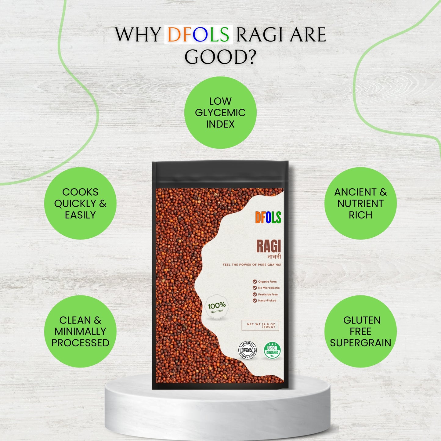 DFOLS Organic Ragi (Finger Millet) | Natural, Gluten-Free Super Grain | High Calcium, Fiber-Rich, Hand-Picked & Pesticide-Free | Nutrient-Dense Millet for Daily Nutrition