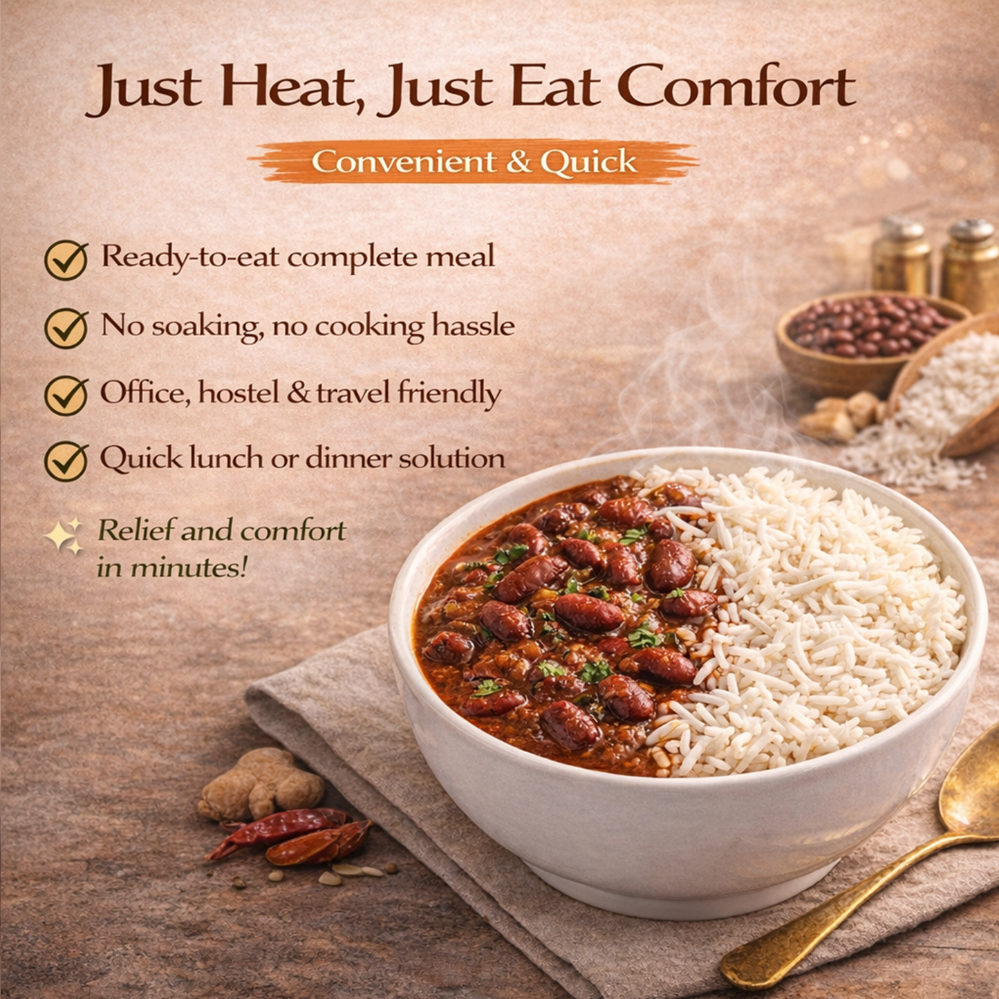 Rajma Chawal Ready-to-Eat Meal | Authentic North Indian Cuisine | Rajma Masala with Steamed Rice | Heat & Serve | Delicious, Hygienic, Convenient Indian Meal