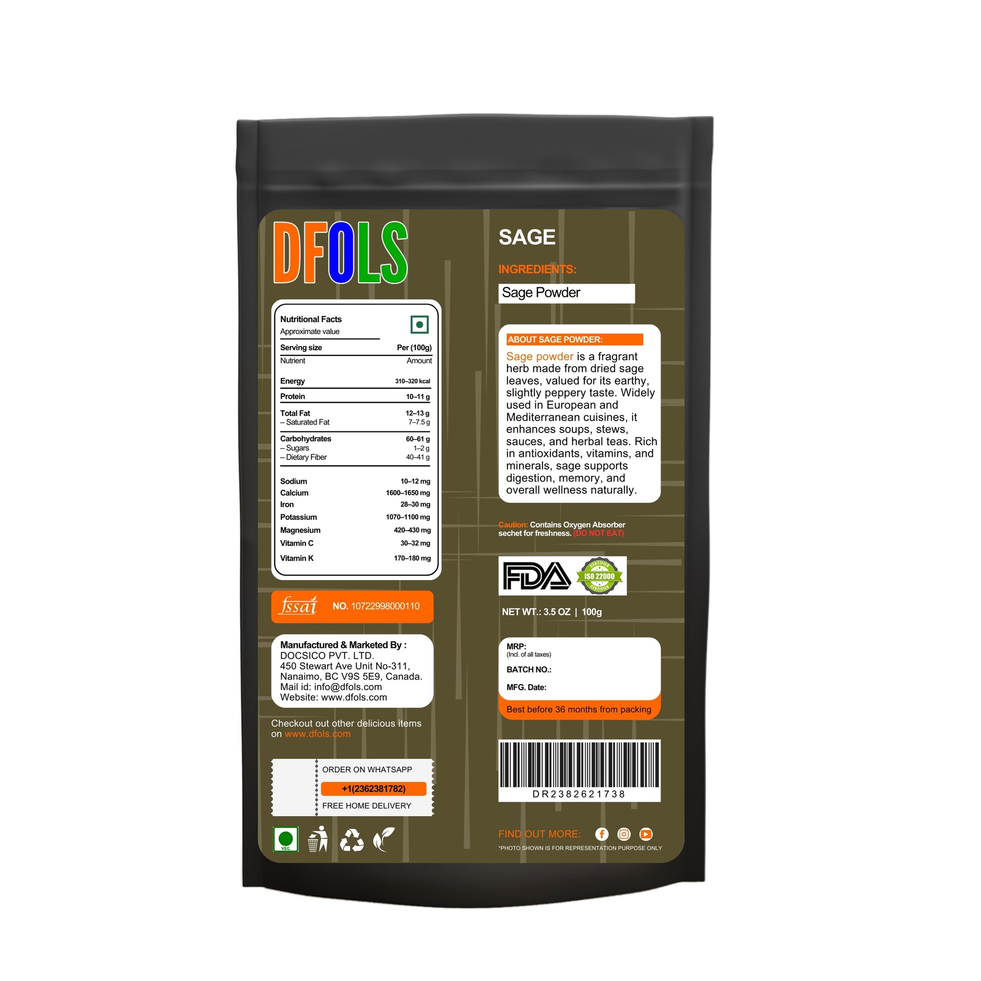 Saga Powder - All-Natural Herbal Powder for Cooking & Wellness - Vegan, Gluten-Free & Freshly Ground. - DFOLS